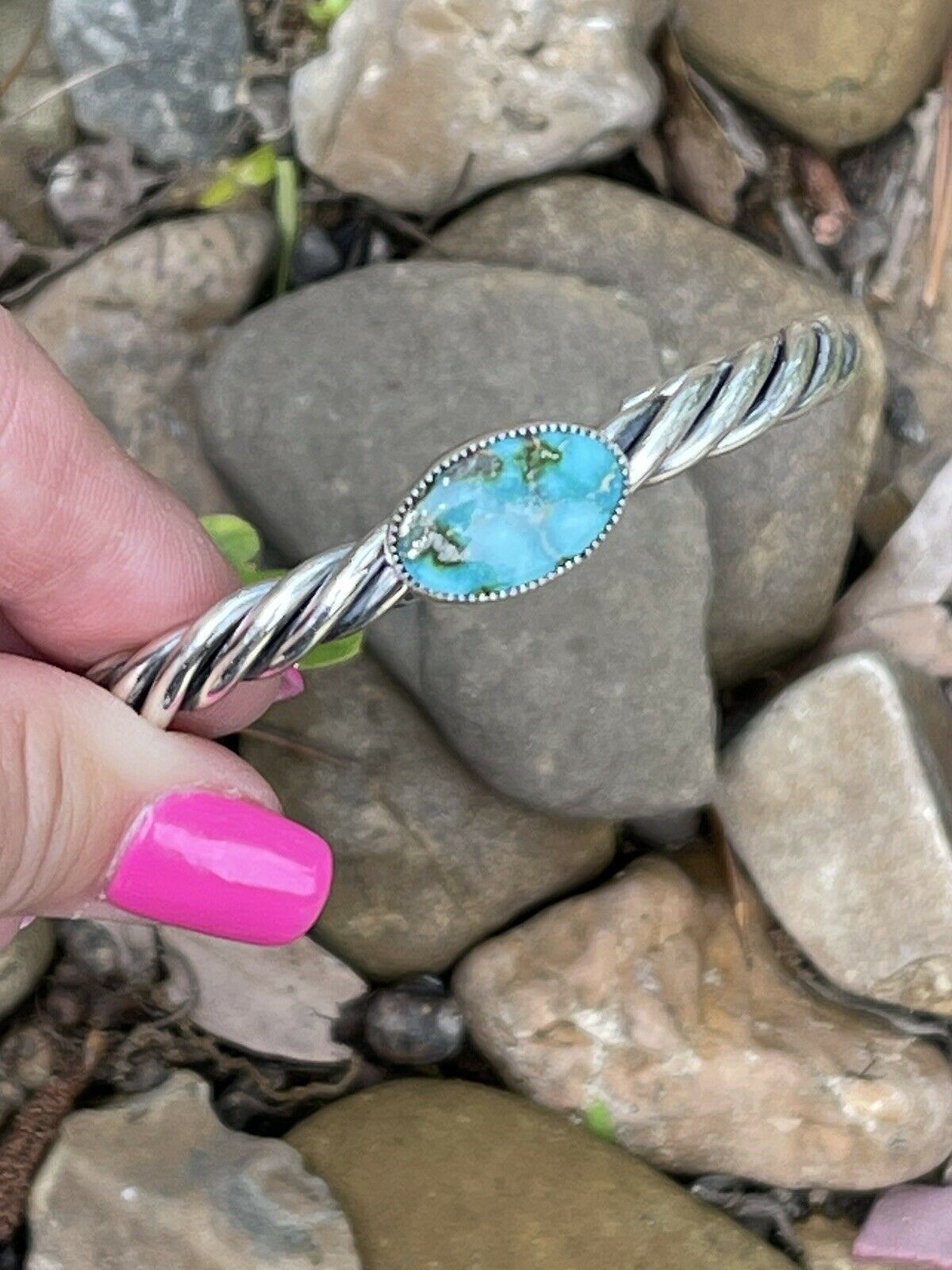 Handcrafted Sterling Sonoran Mountain Turquoise Rope Style Bracelet Cuff