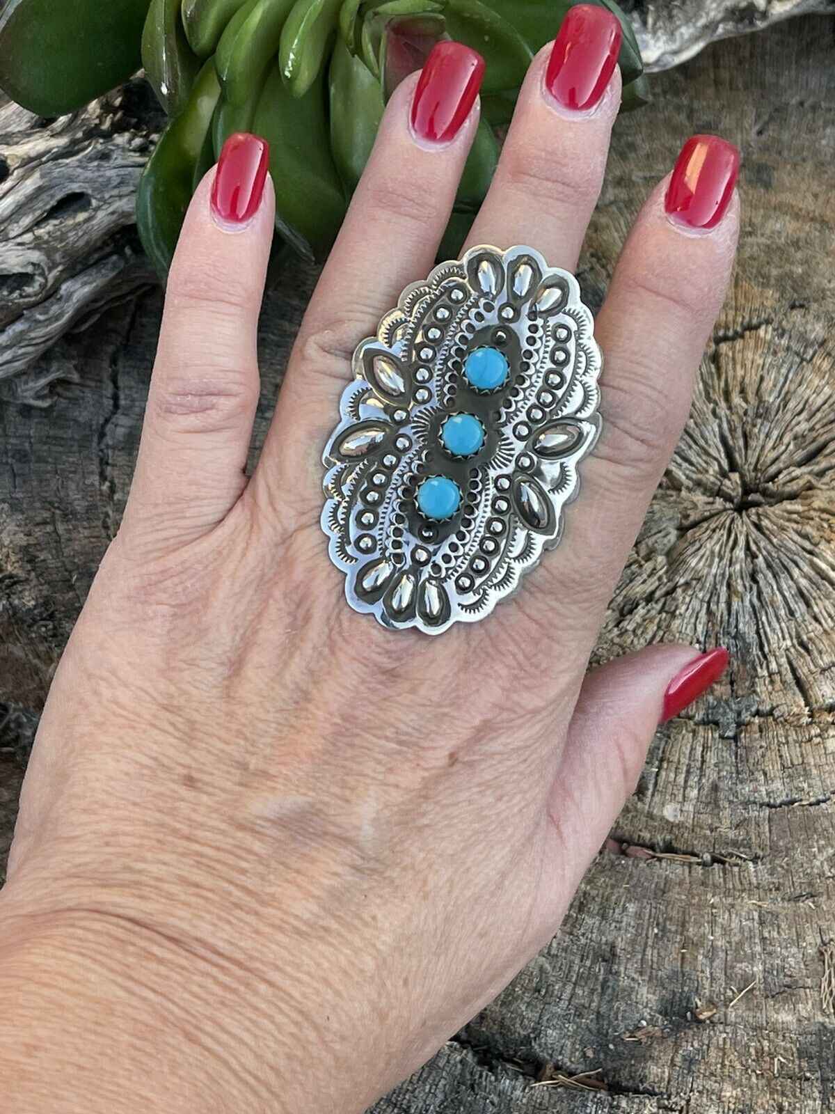 Handcrafted 3 Stone Turquoise & Sterling Silver Concho Ring Adjustable Signed L.Tahe