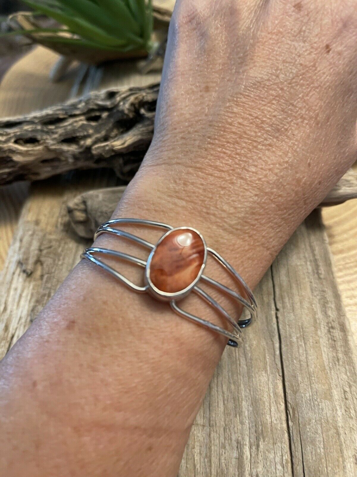 Handcrafted Orange Spiny Sterling Silver Bracelet Loop Cuff Stamped Begay