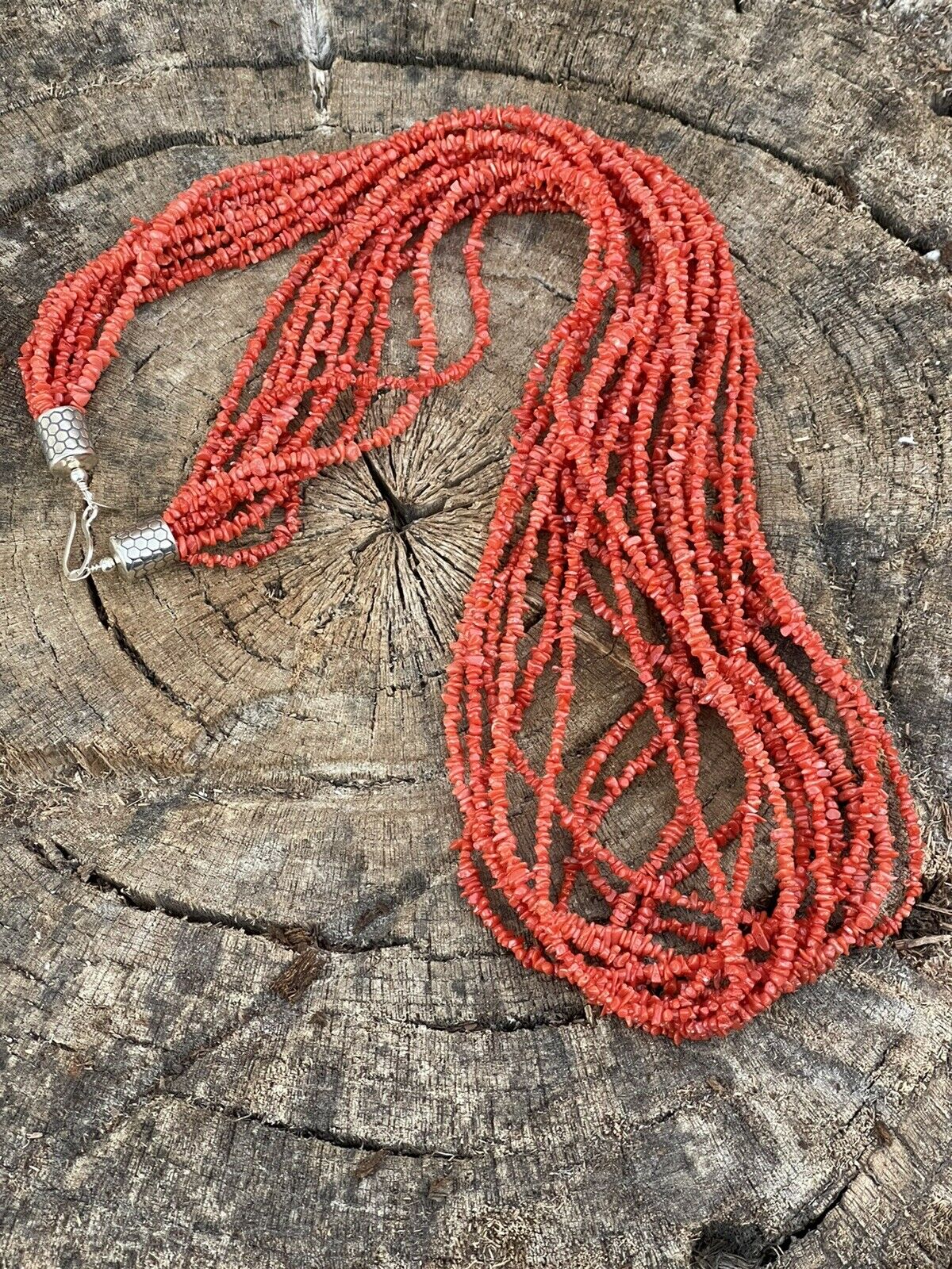 Handcrafted Sterling Silver Pink Coral 10 Strand Bead Necklack