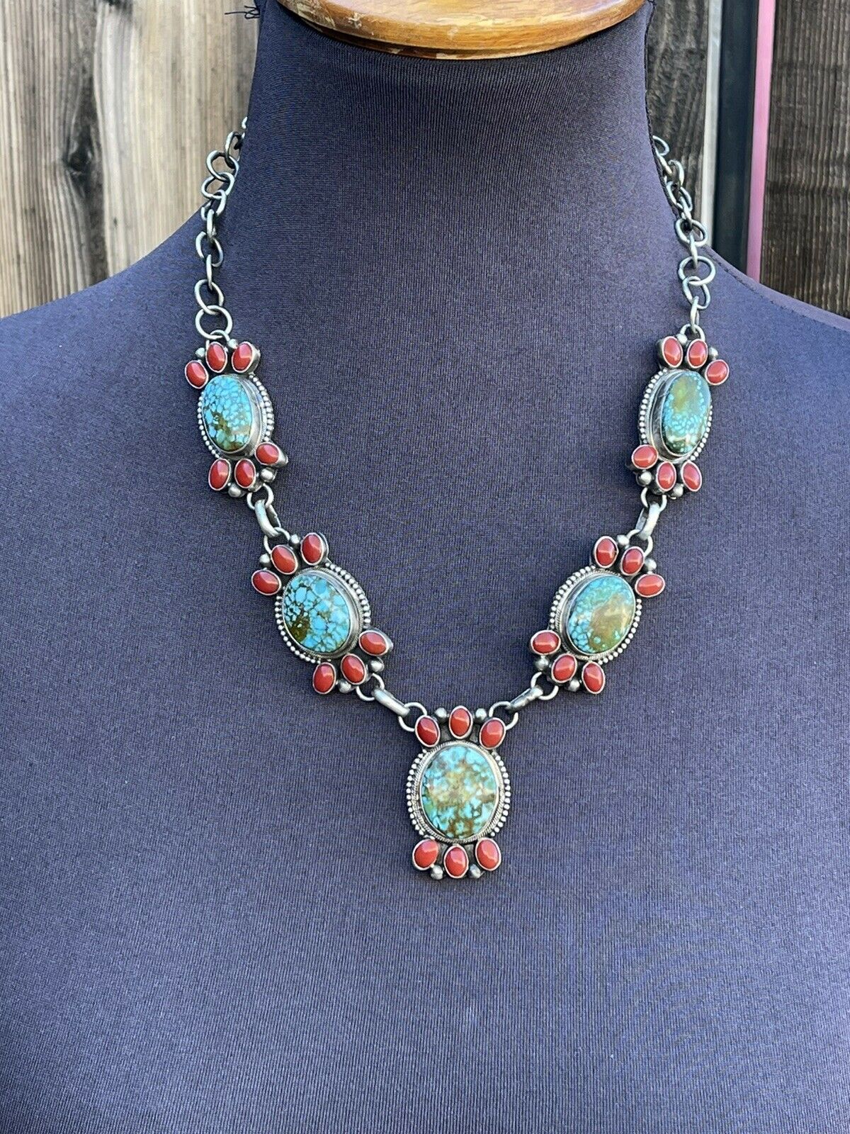 Handcrafted Sterling Kingman Turquoise Natural Red Coral Necklace Set Taos Collection