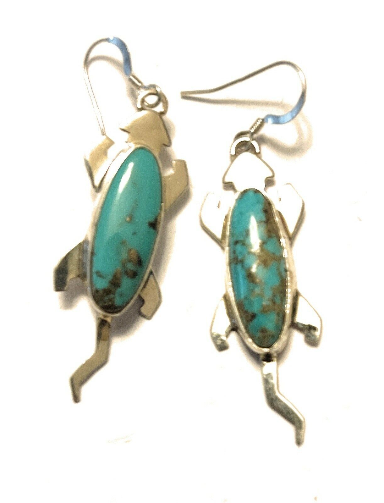 Handcrafted Sterling Silver Turquoise Stone Gecko Dangle Earrings Signed