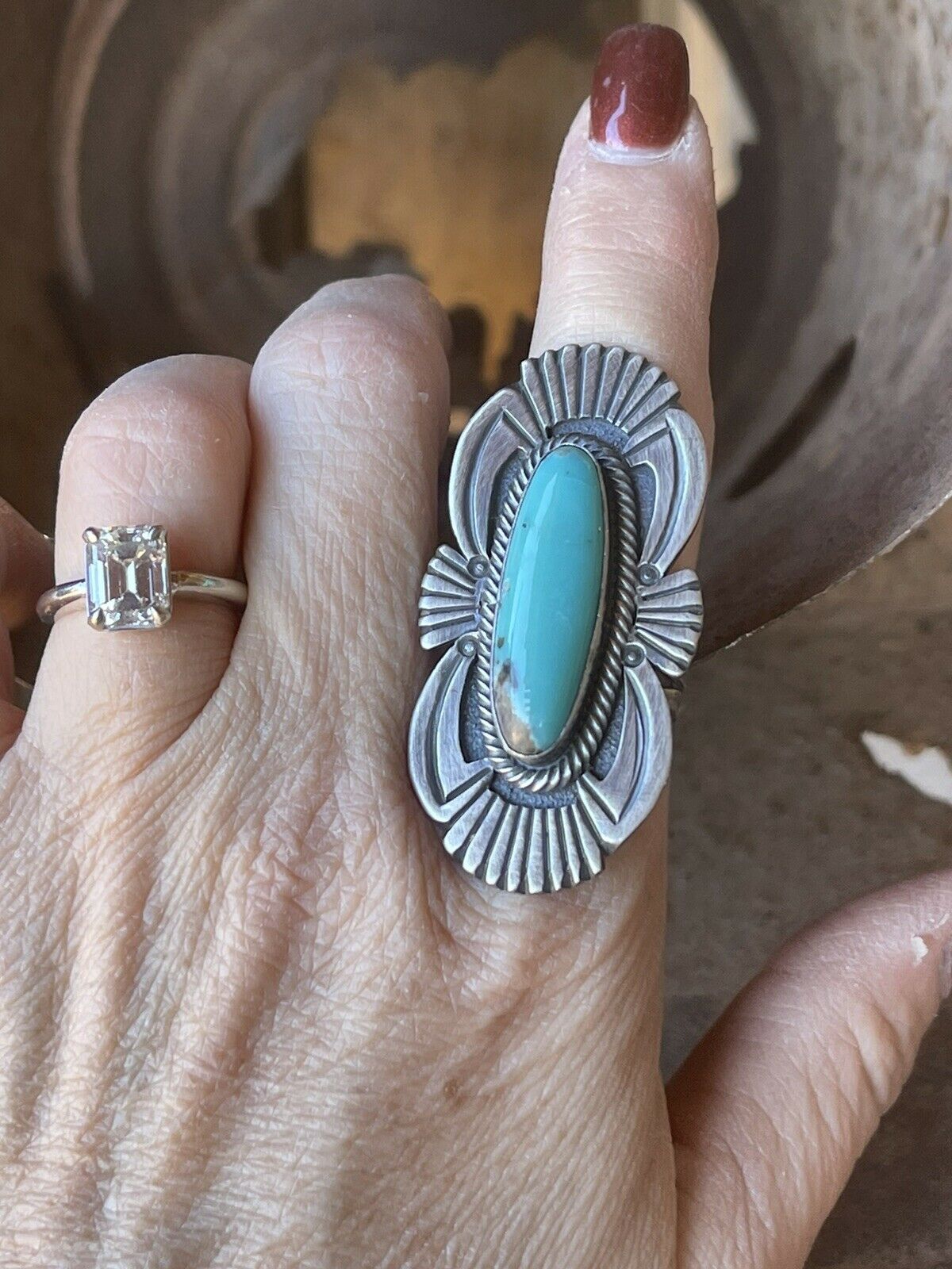 Handcrafted Turquoise & Sterling Silver Navajo Deco Ring Size 7.5