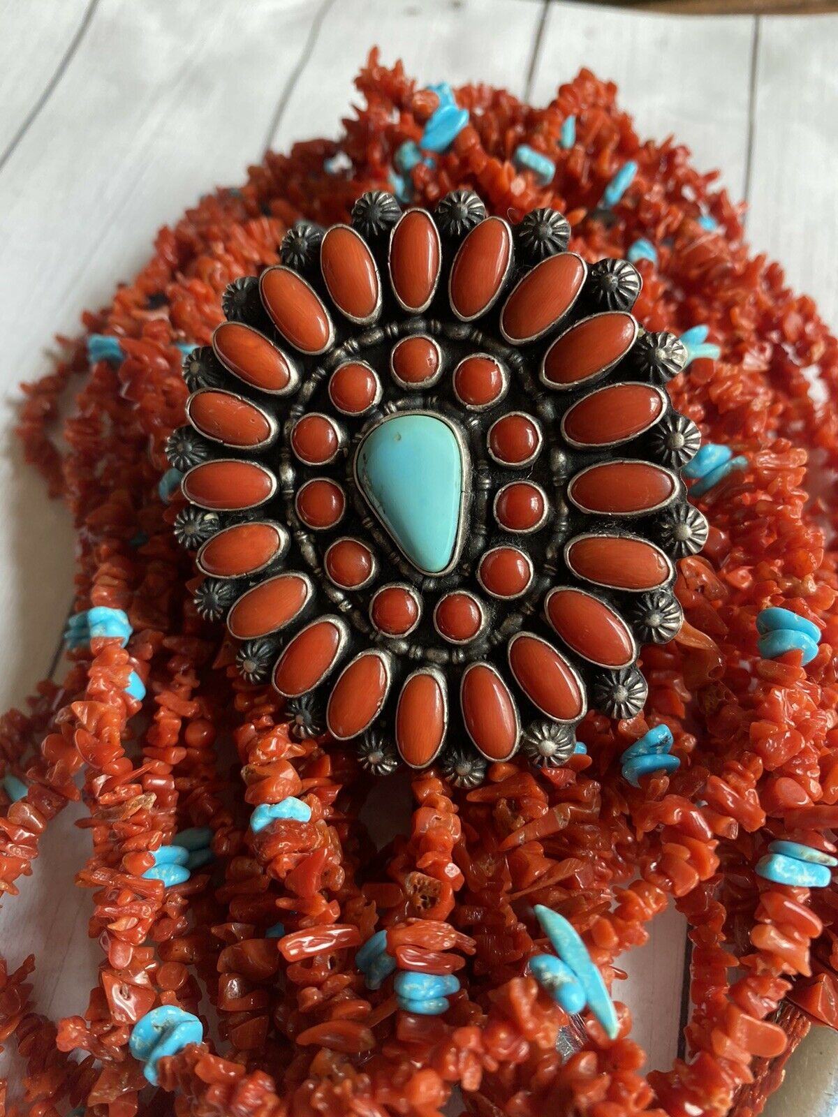 Shawn Cayatenito Sterling Silver Turquoise & Coral Statement Ring Size 8 Signed