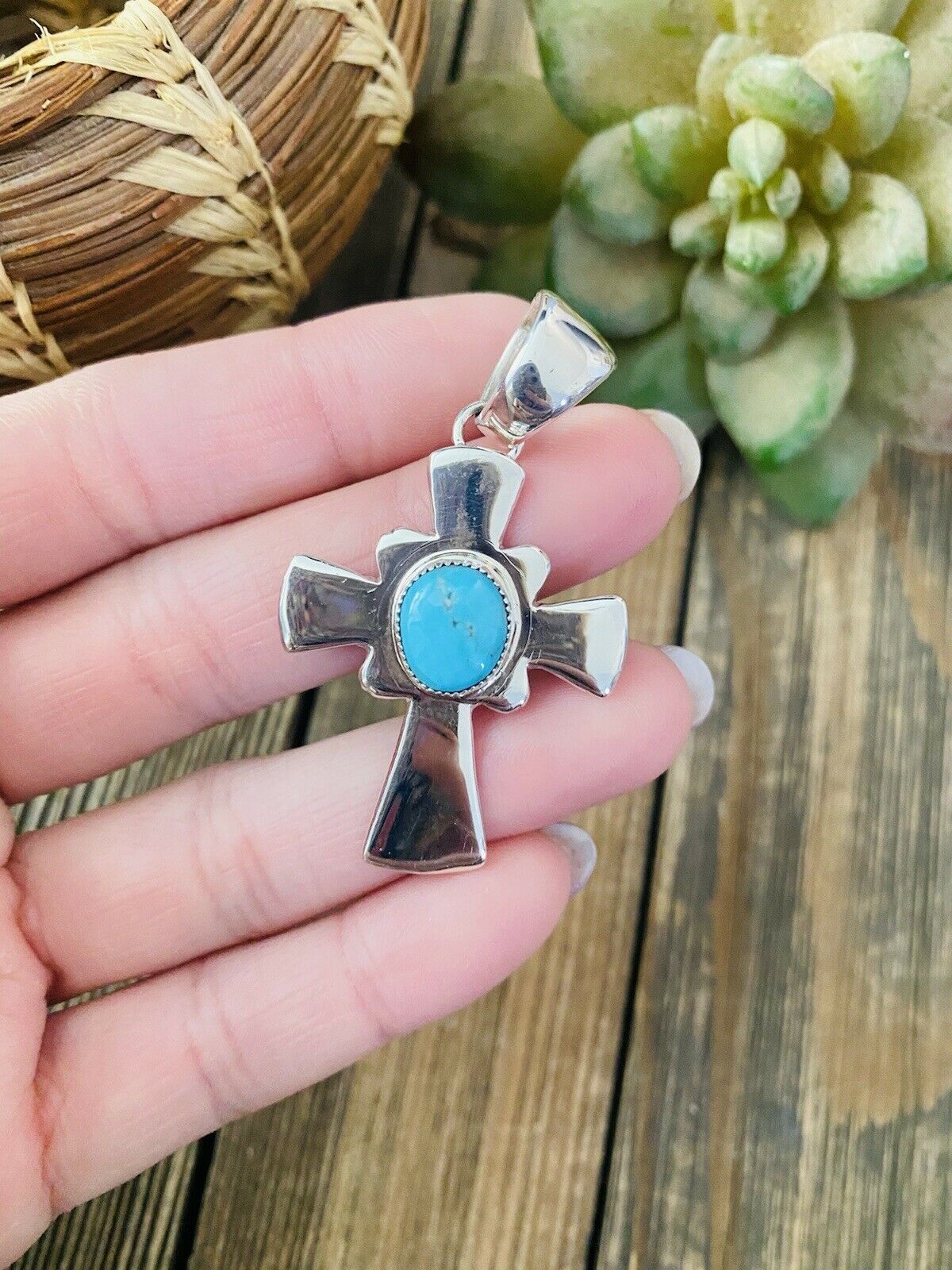 Handcrafted Sterling Silver & Turquoise Cross Pendant Signed