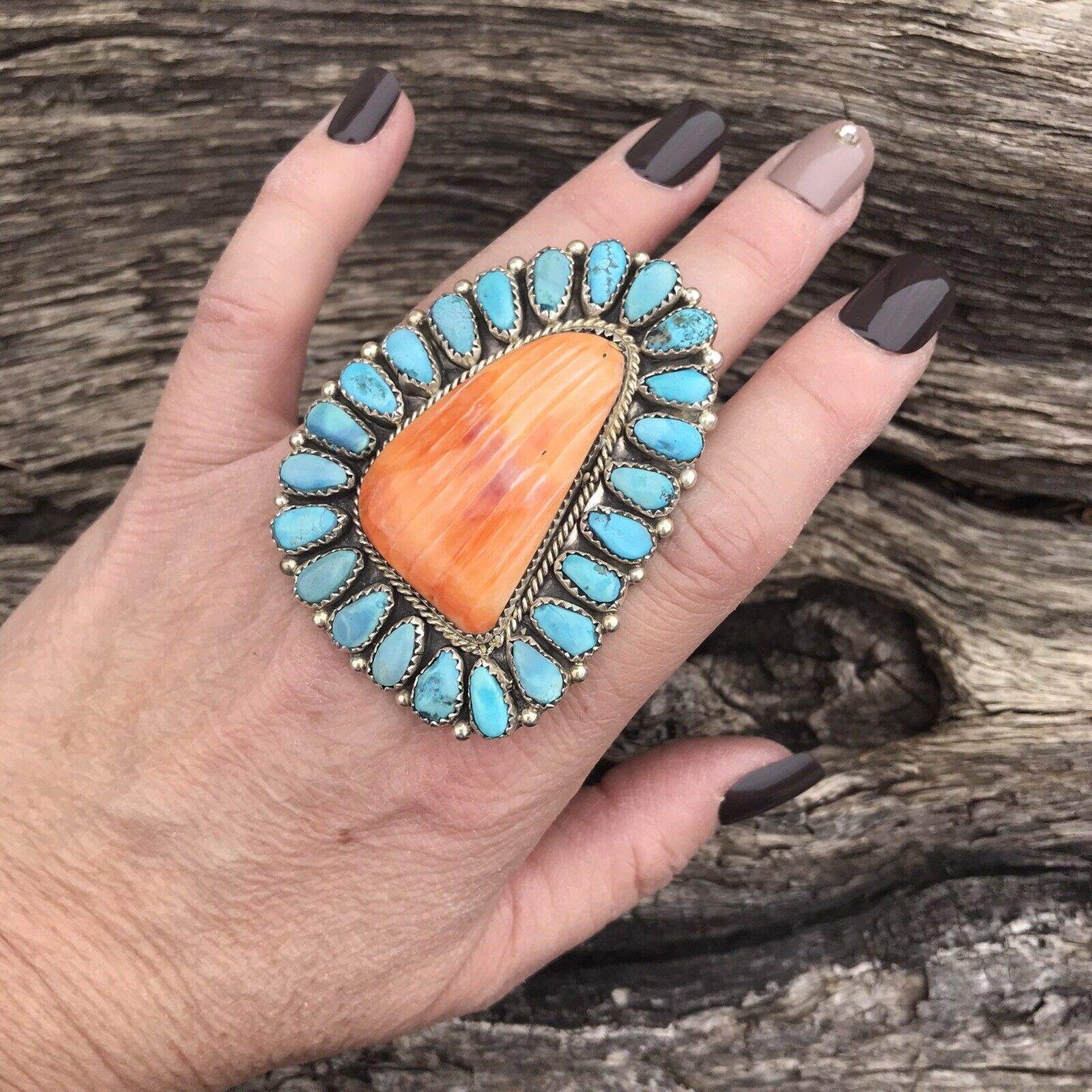 Handcrafted Sterling Silver, Turquoise & Orange Spiny Oyster Ring Sz 8