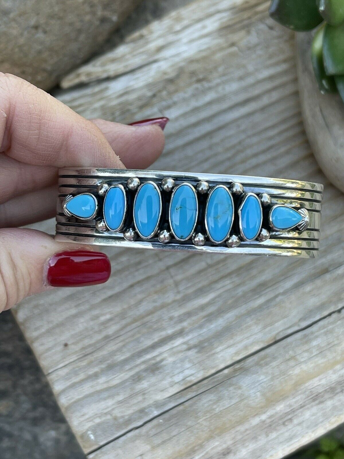 Handcrafted Sterling & Kingman Turquoise Stacker Cuff Bracelet Artist R. Bennett /