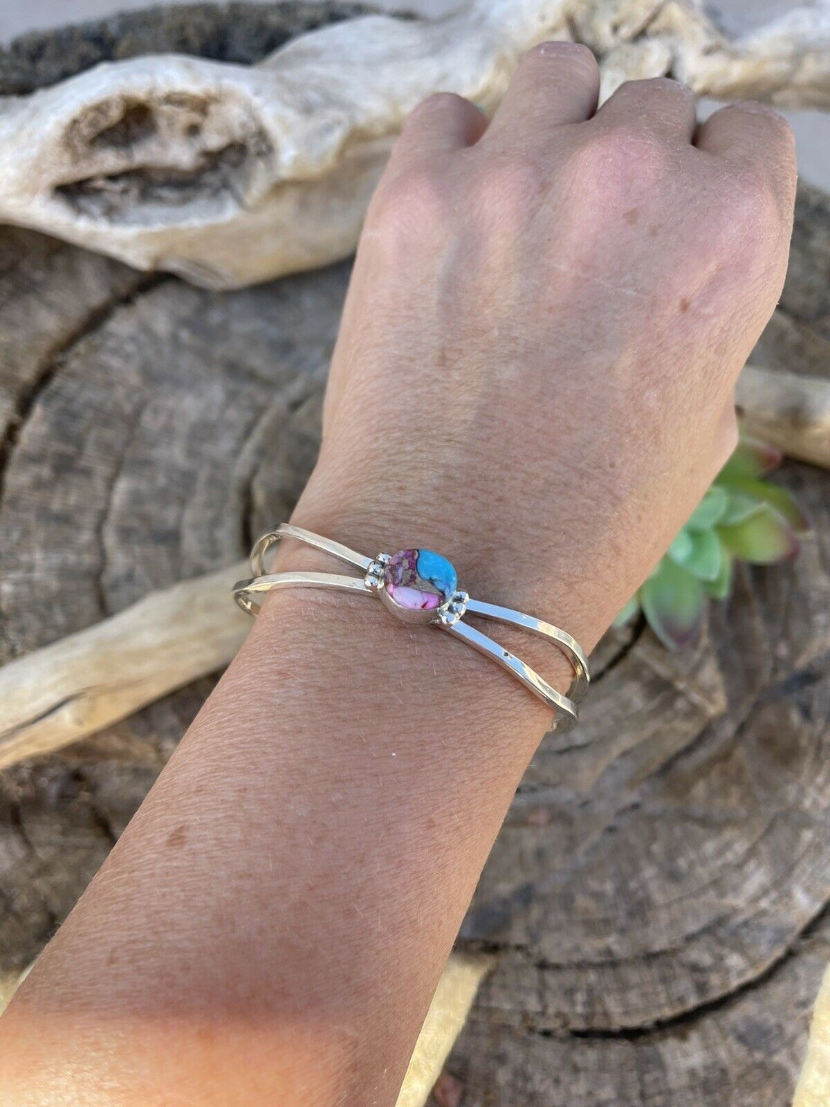 Handcrafted Pink Dream Mohave Sterling Silver Cuff Stacker Bracelet Signed