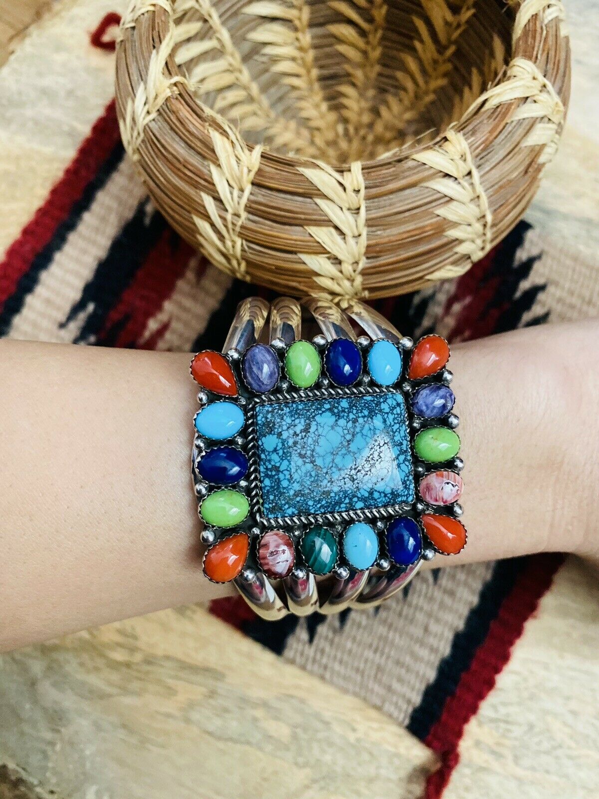 Handcrafted & Amazing Multi Stone & Sterling Silver Cuff Bracelet Signed