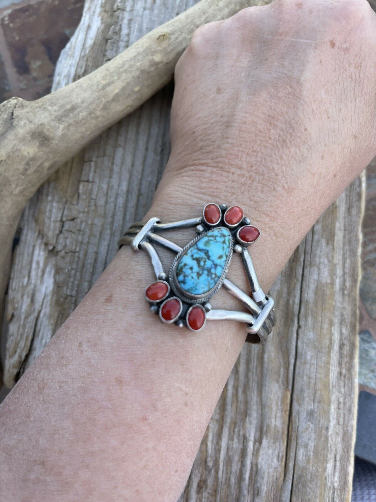 Navajo Sterling Kingman Web Turquoise & Red Coral Taos Bracelet Cuff by Bobby Johnson /