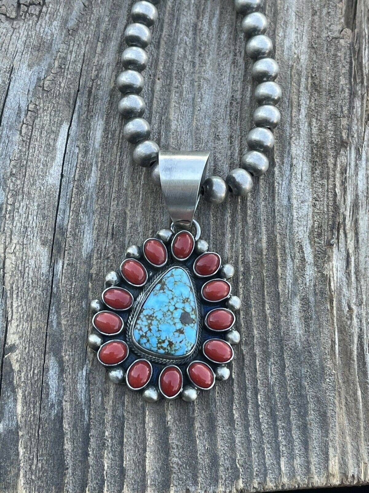 Handcrafted Sterling Kingman Web Turquoise & Red Coral Taos Pendant Kathleen Chavez