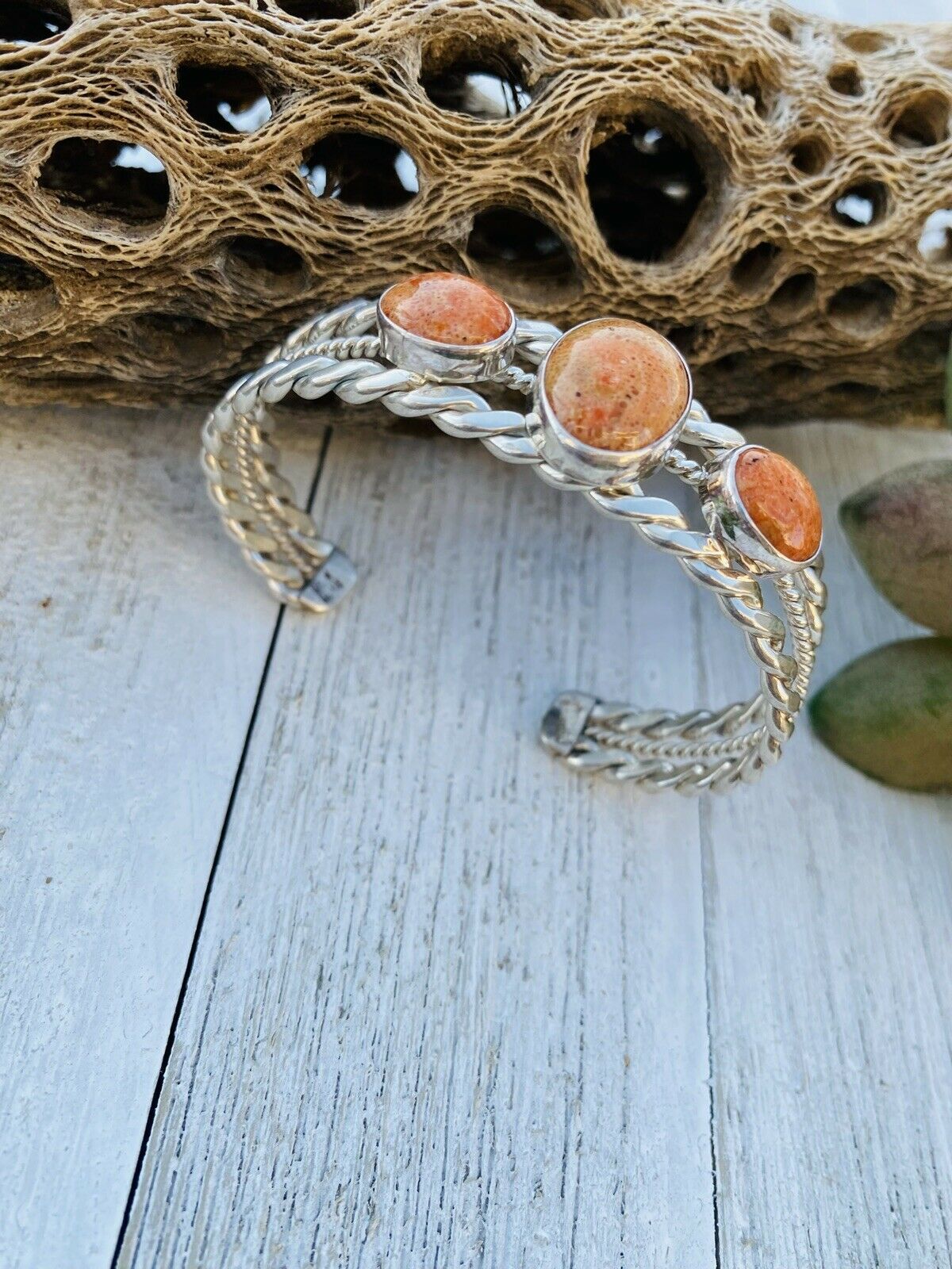 Handcrafted Sterling Silver & Apple Coral Cuff Bracelet Signed