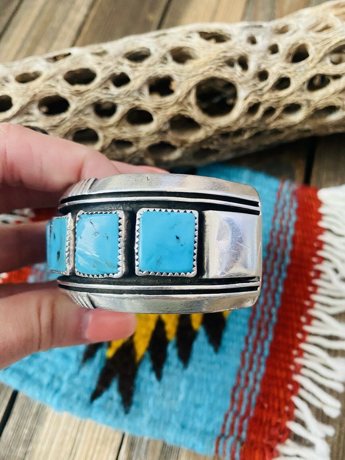 Handcrafted Kingman Turquoise, Coral & Sterling Silver Cuff Bracelet Signed /