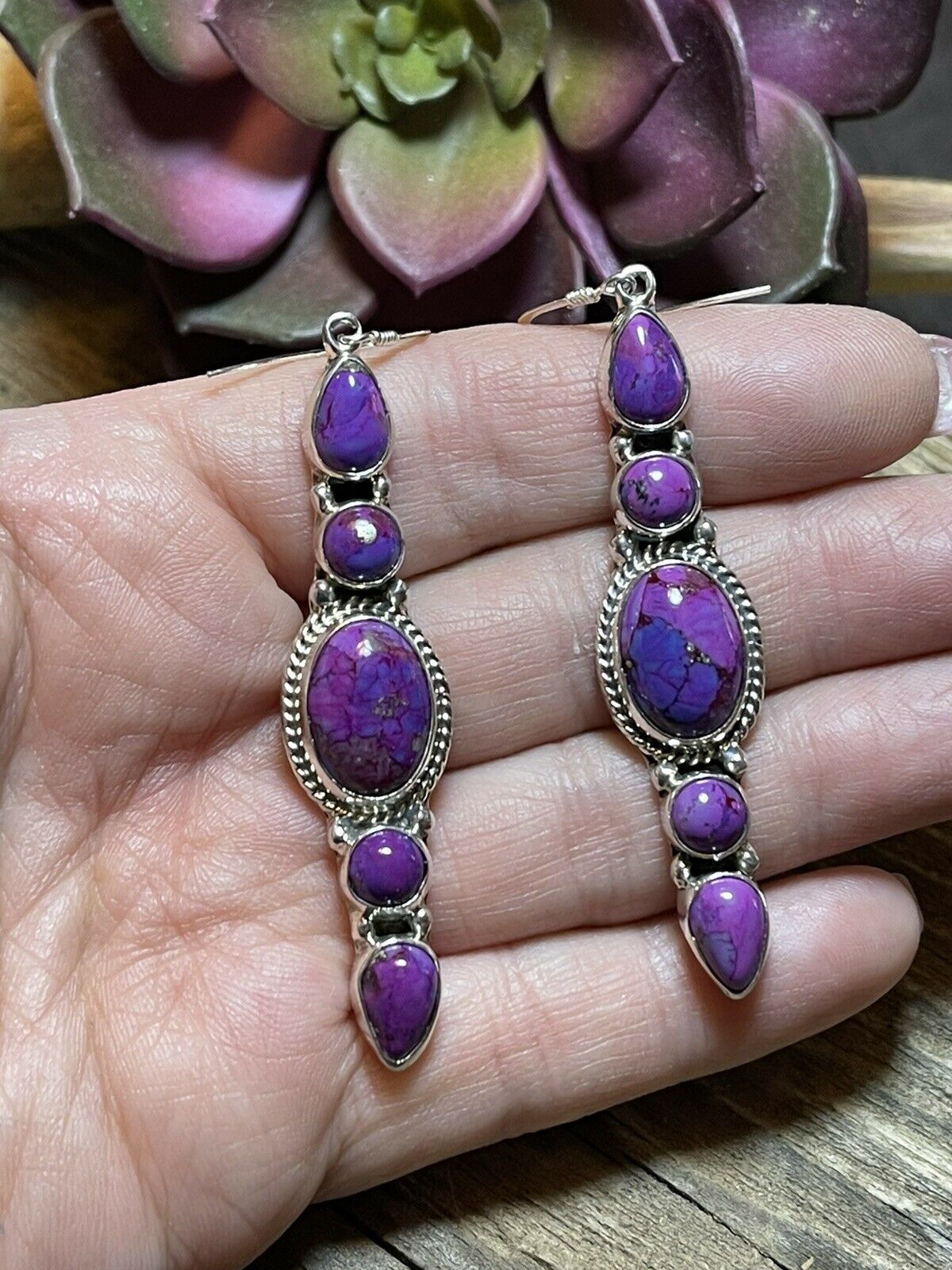 Handcrafted Sterling Silver Purple Mojave Dangle Fancy Earrings Signed