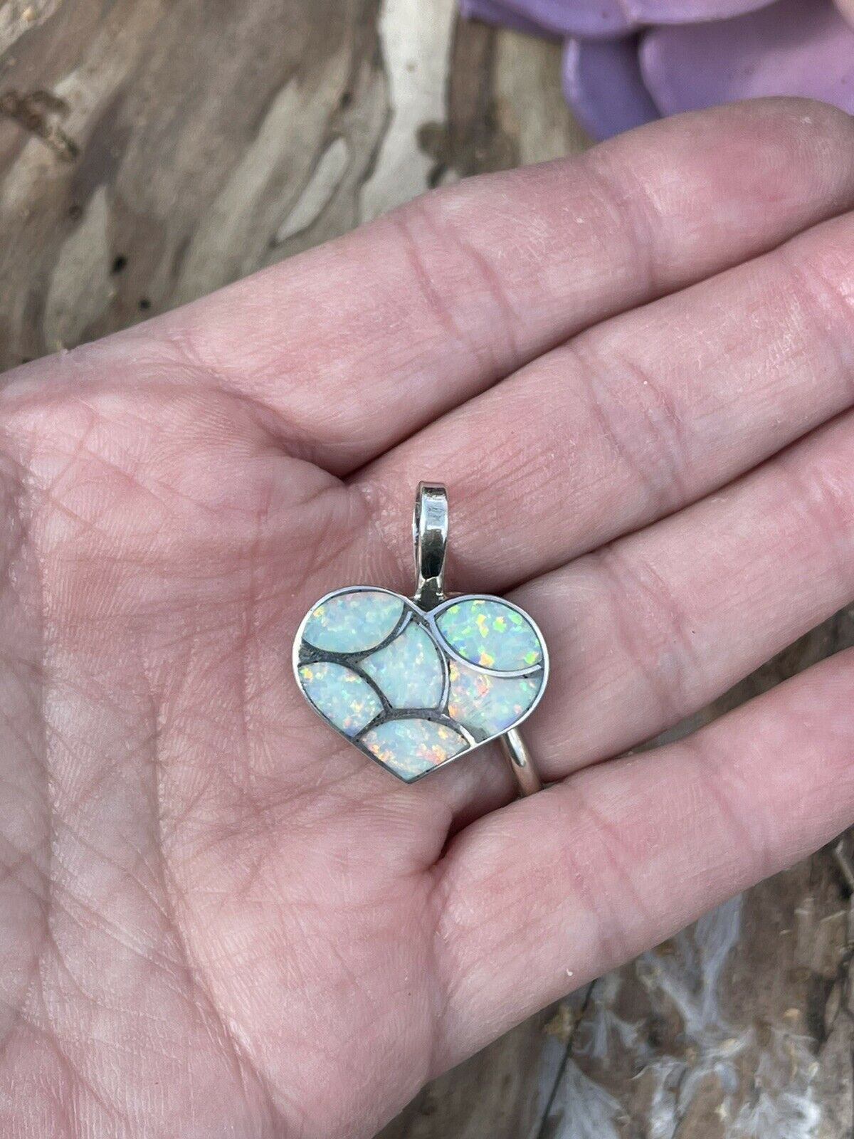 Handcrafted Iridescent White Opal & Sterling Silver Heart Pendant