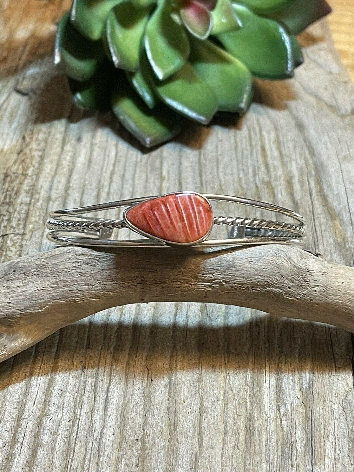 Handcrafted Teardrop Orange Spiny Sterling Silver Bracelet Rope Style Cuff