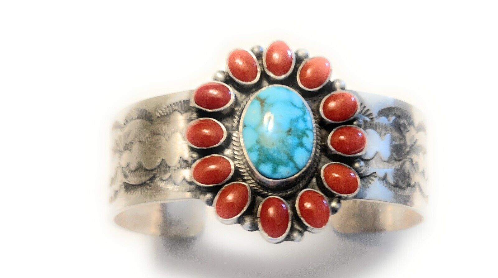 Navajo Sterling Kingman Web Turquoise & Red Coral Taos Bracelet Cuff by Bobby Johnson /