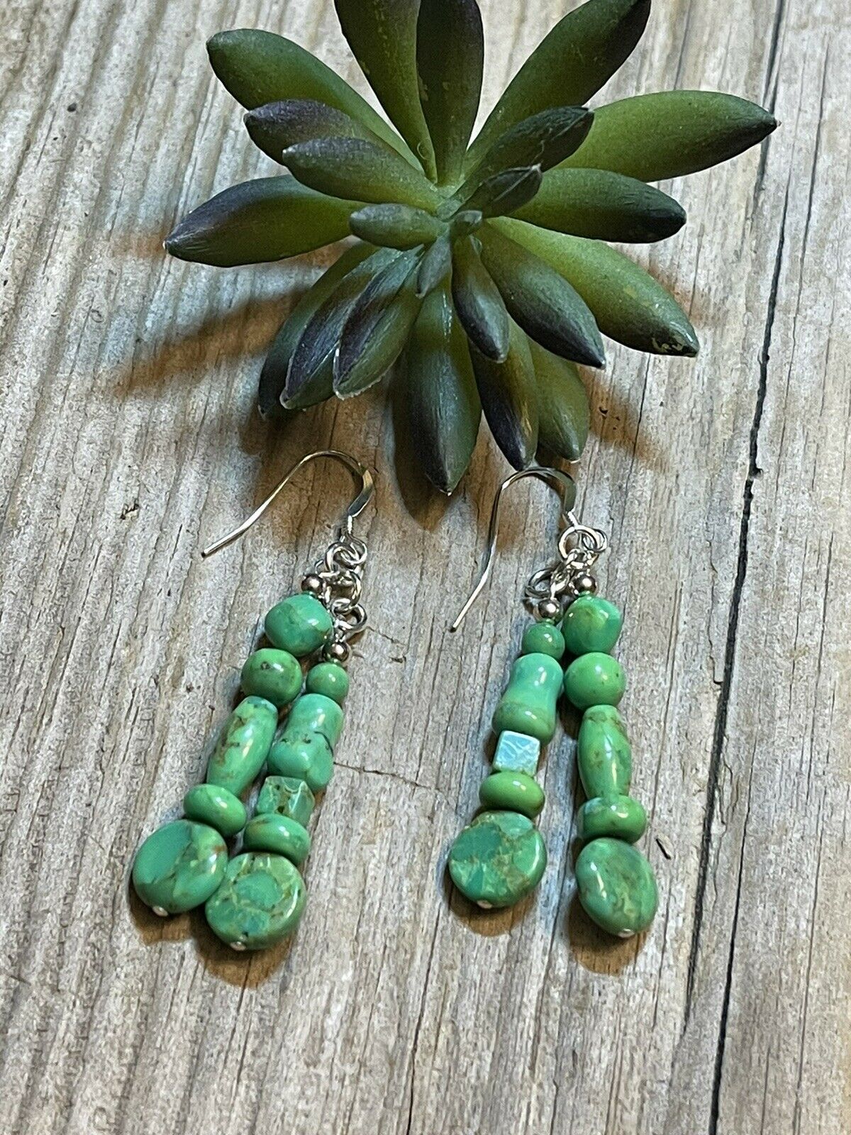Handcrafted Sterling Dyed Green Kingman Turquoise Multi Bead Earrings