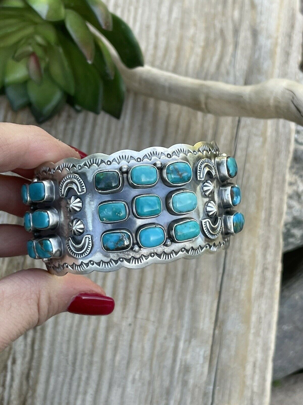 Stunning Turquoise Cluster & Sterling Silver Cuff Signed /