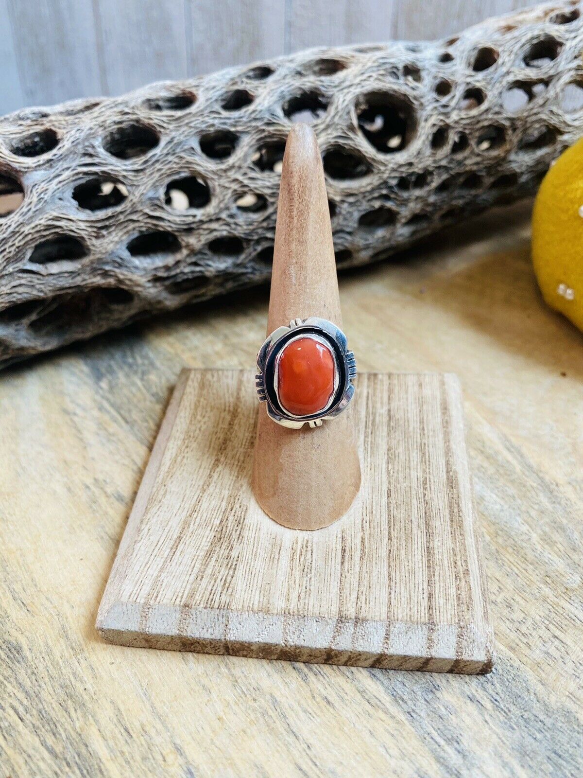 Handcrafted Sterling Silver & Orange Spiny Ring Size 5.75