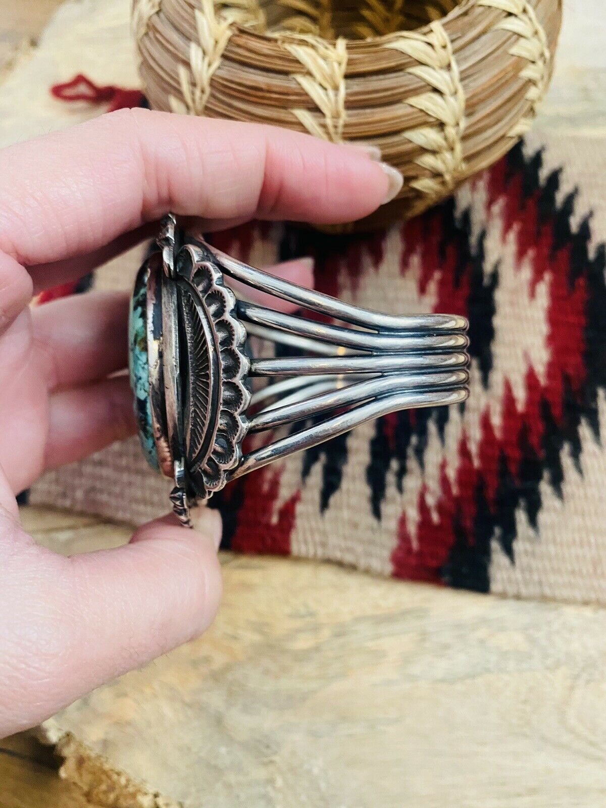 Handcrafted Vintage Turquoise & Sterling Silver Cuff Bracelet By Leon Martinez