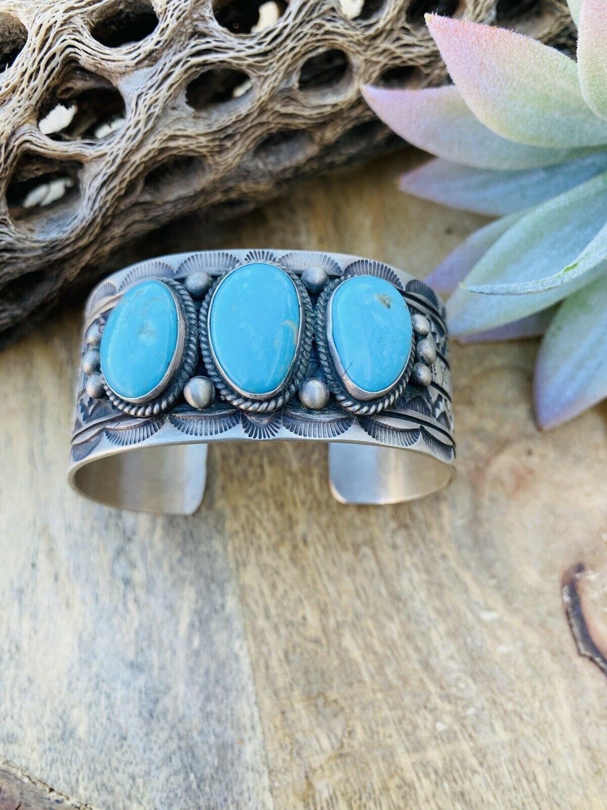 Handcrafted Vintage Turquoise & Sterling Silver Hand Stamped Cuff Bracelet /