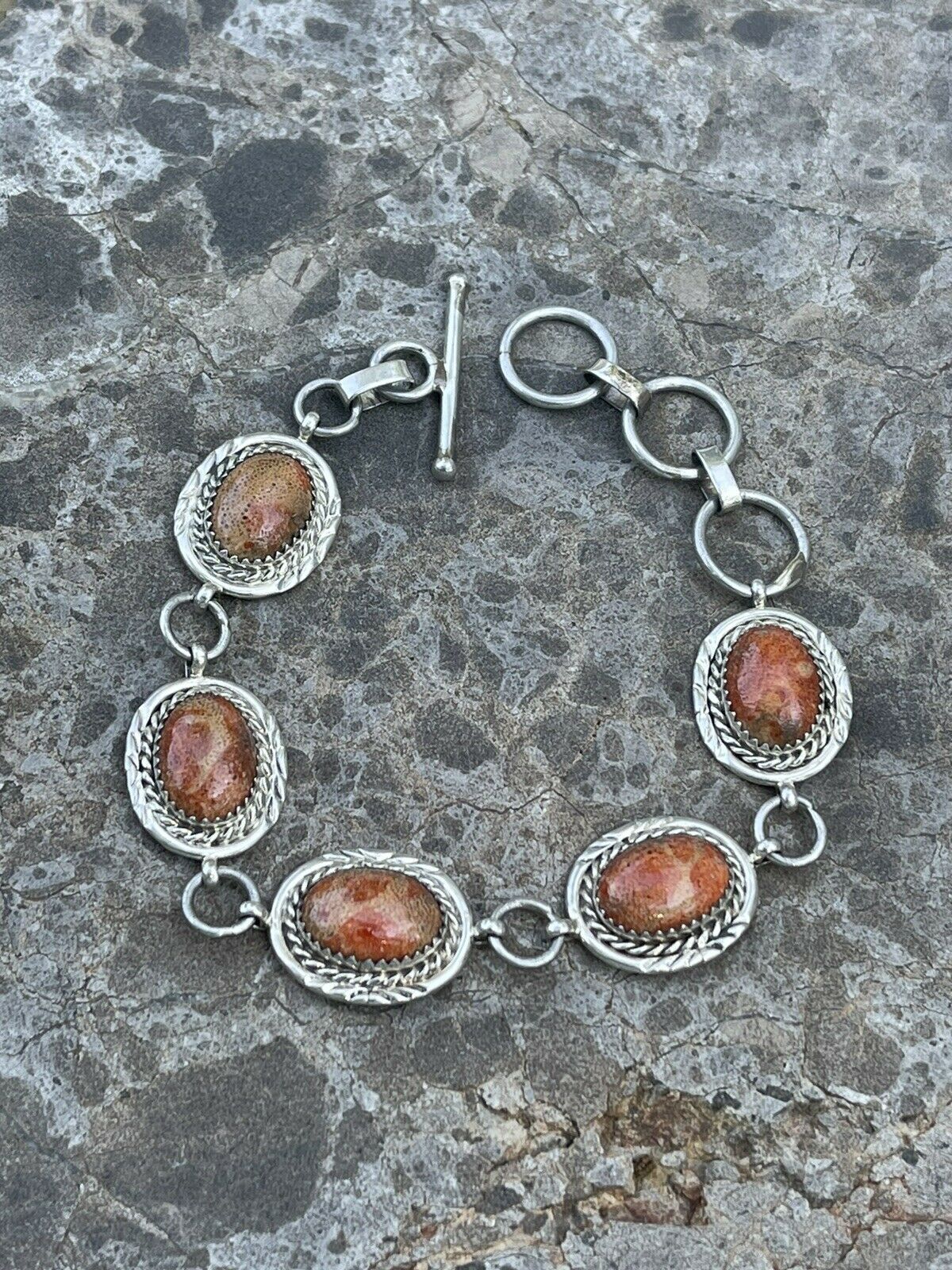 Handcrafted Rust Jasper & Sterling Silver Link Oval Southwest Bracelet