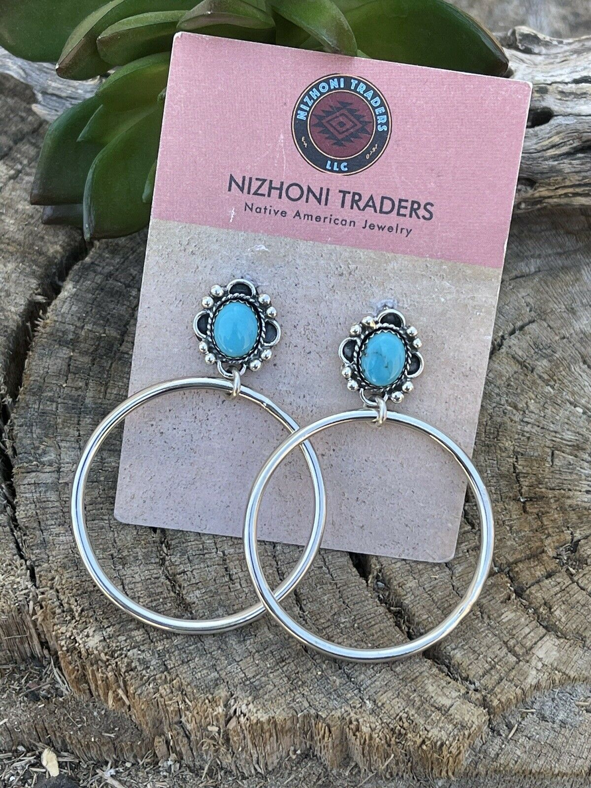 Handcrafted Turquoise & Sterling Silver Dangle Hoop Earrings