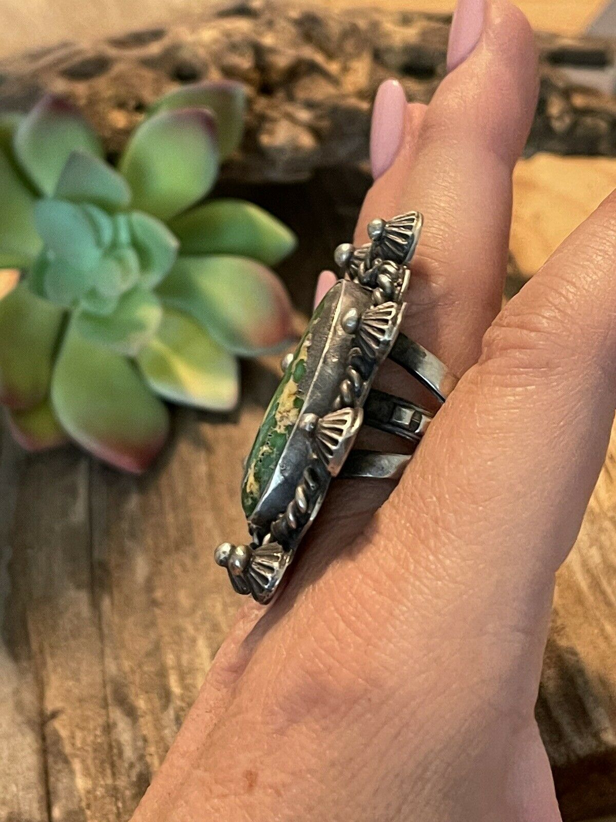 Handcrafted Stunning Natural Royston Turquoise & Sterling Ring Size 7.