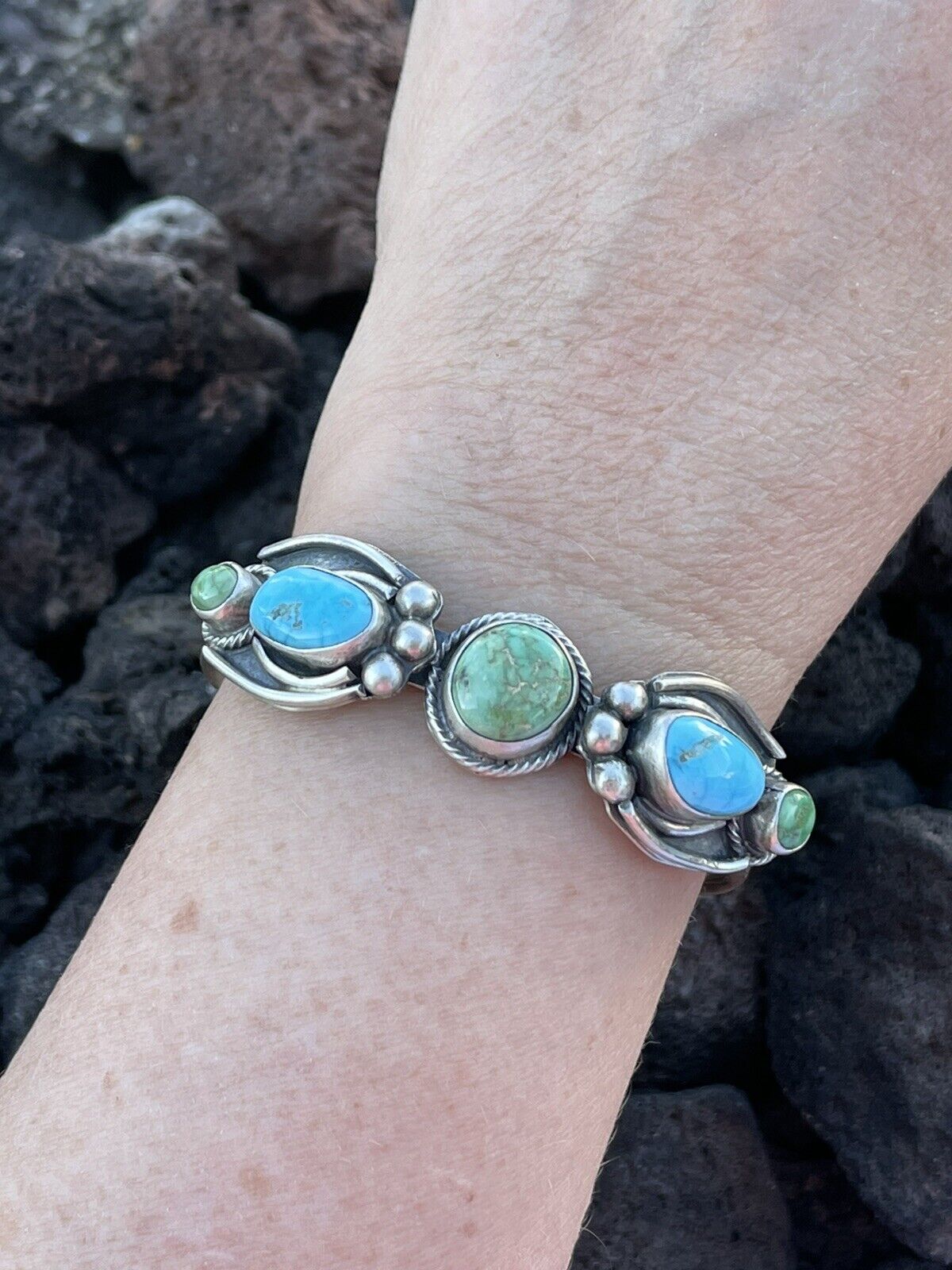 Navajo Sterling Sonoran Gold & Golden Hills Turquoise Cuff Bracelet Signed /