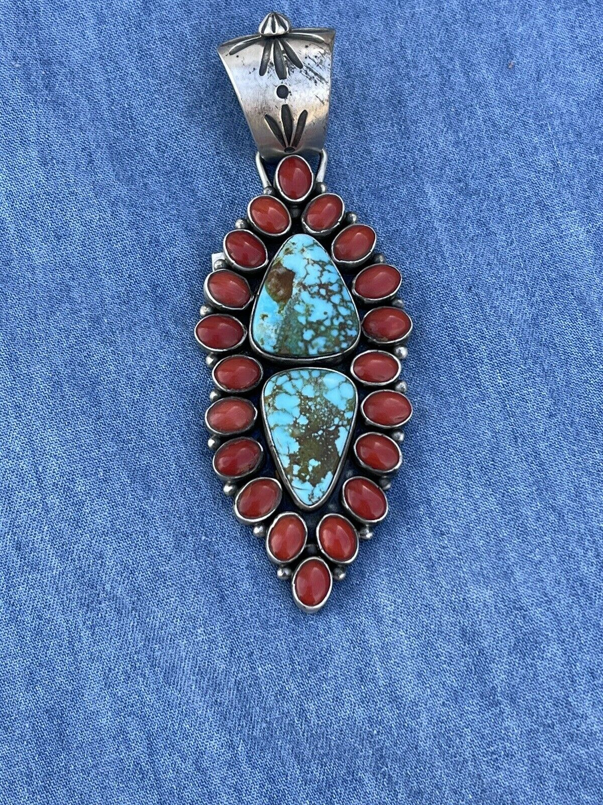 Handcrafted Sterling Silver 2 Stone Kingman Web Turquoise & Red Coral Taos Pendant