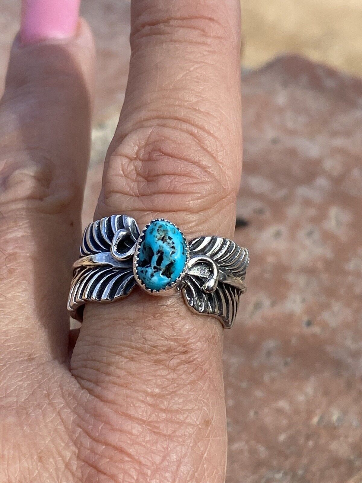 Handcrafted Feather Turquoise And Sterling Silver Adjustable Ring