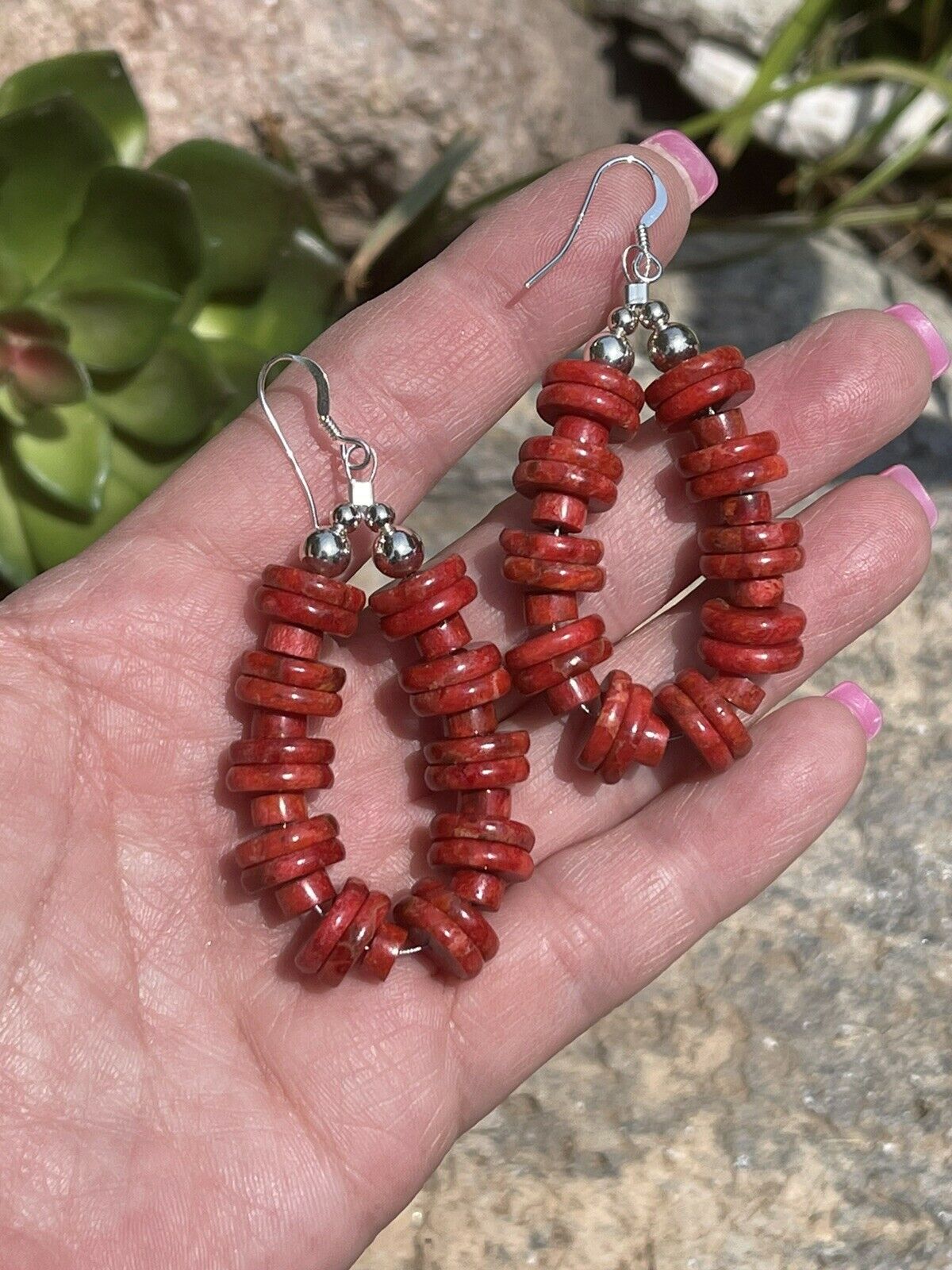 Handcrafted Sterling Silver Double Bead Apple Coral Dangle Hoop Earrings
