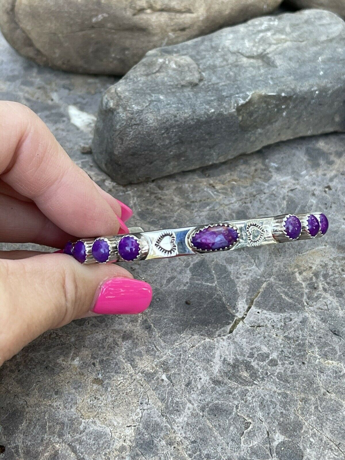 Handcrafted Purple Spiny Sterling Silver Heart Cuff Bracelet Stamped G. Boyd