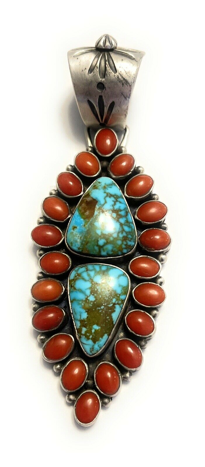 Handcrafted Sterling Silver 2 Stone Kingman Web Turquoise & Red Coral Taos Pendant