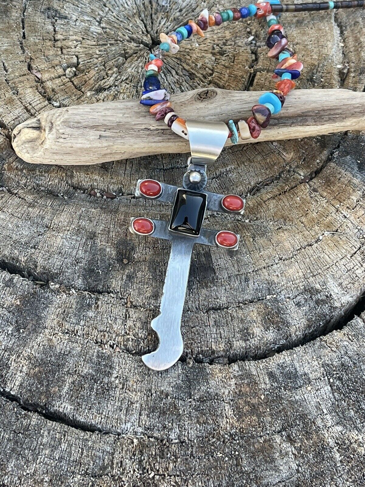 Handcrafted Sterling Silver Black Onyx and Coral Dragonfly Pendant By Chimney Butte