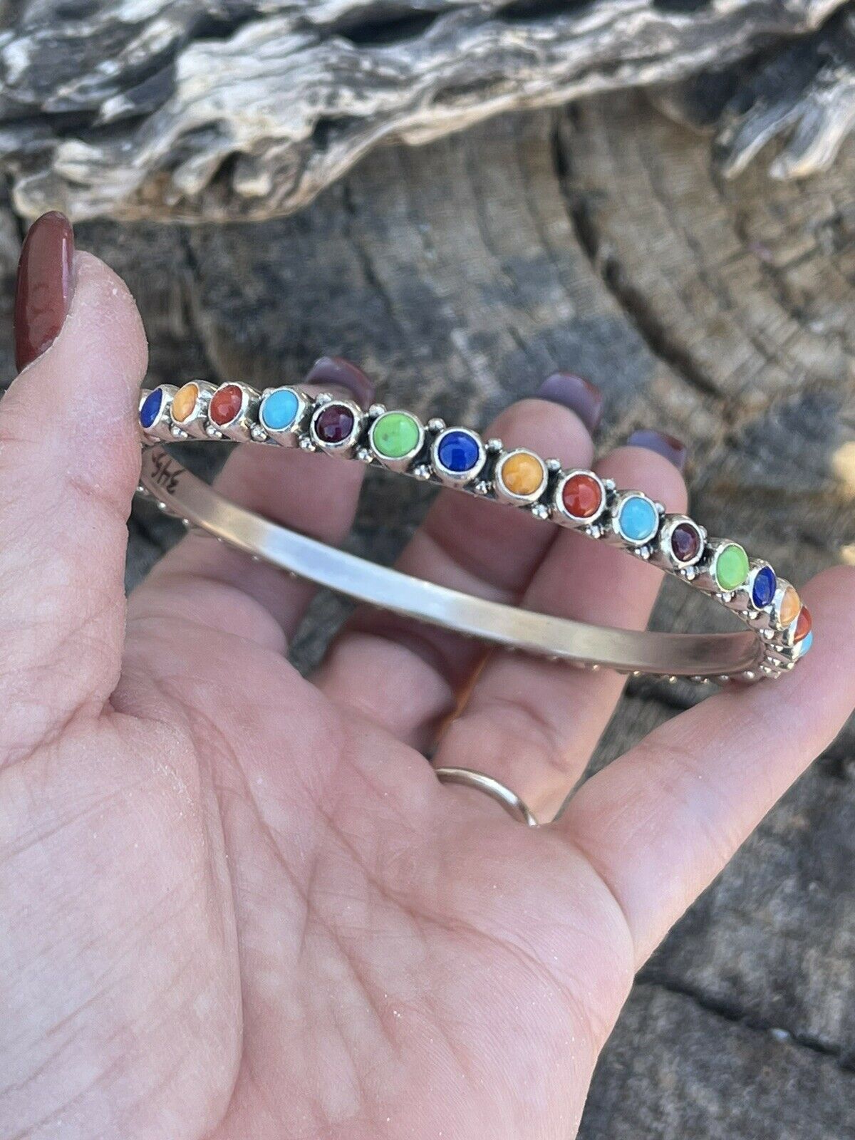 Handcrafted Multi Stone Rainbow Sterling Silver Bangle Signed