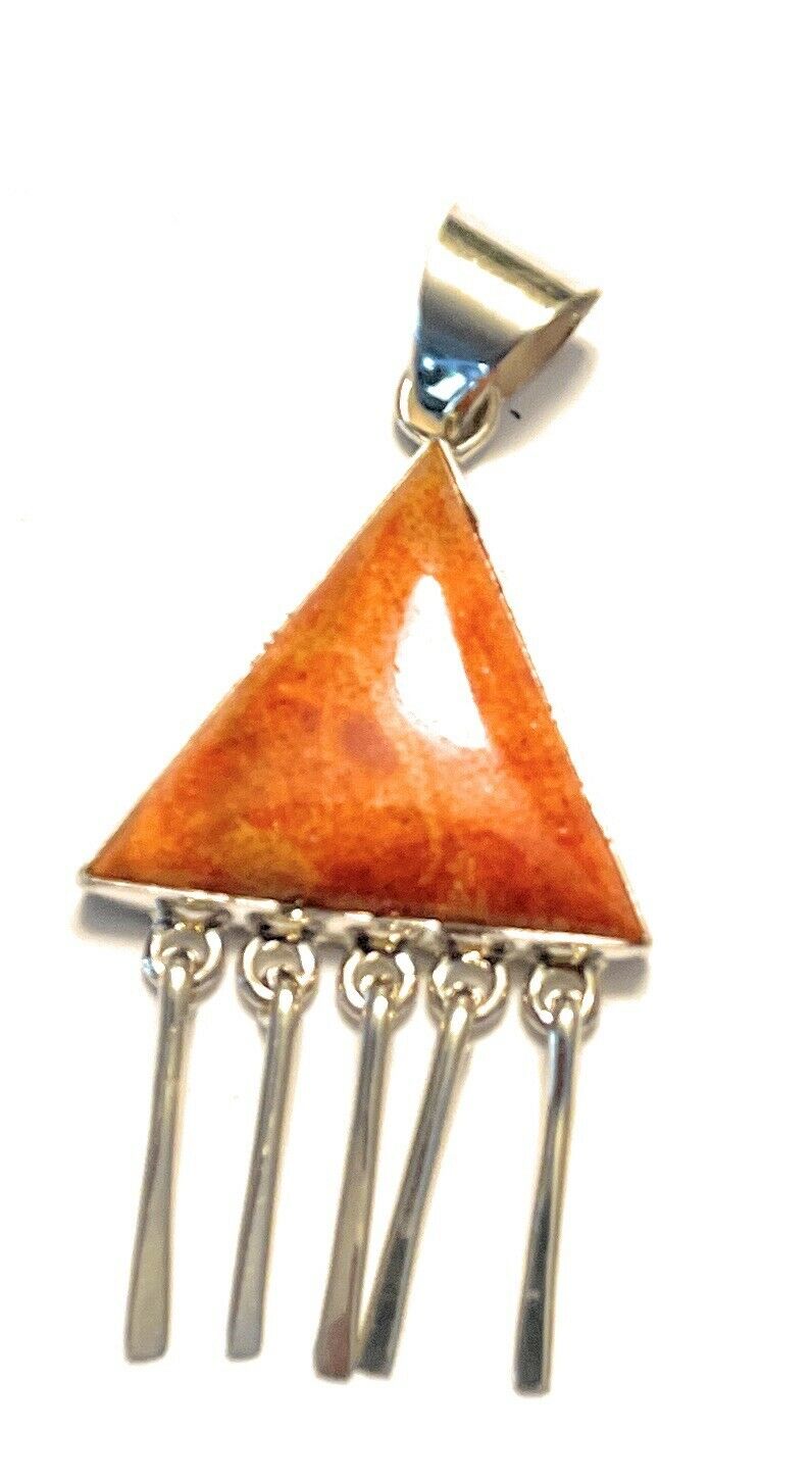 Handcrafted Sterling Silver Orange Spiny TrIangle Fringe Pendant Signed