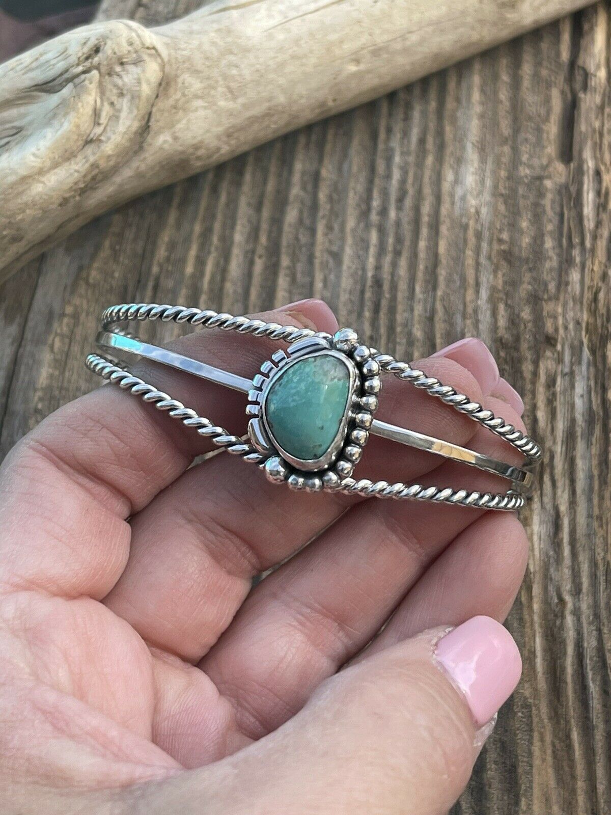 Handcrafted Royston Turquoise & Sterling Silver Cuff Bracelet Signed By Artist