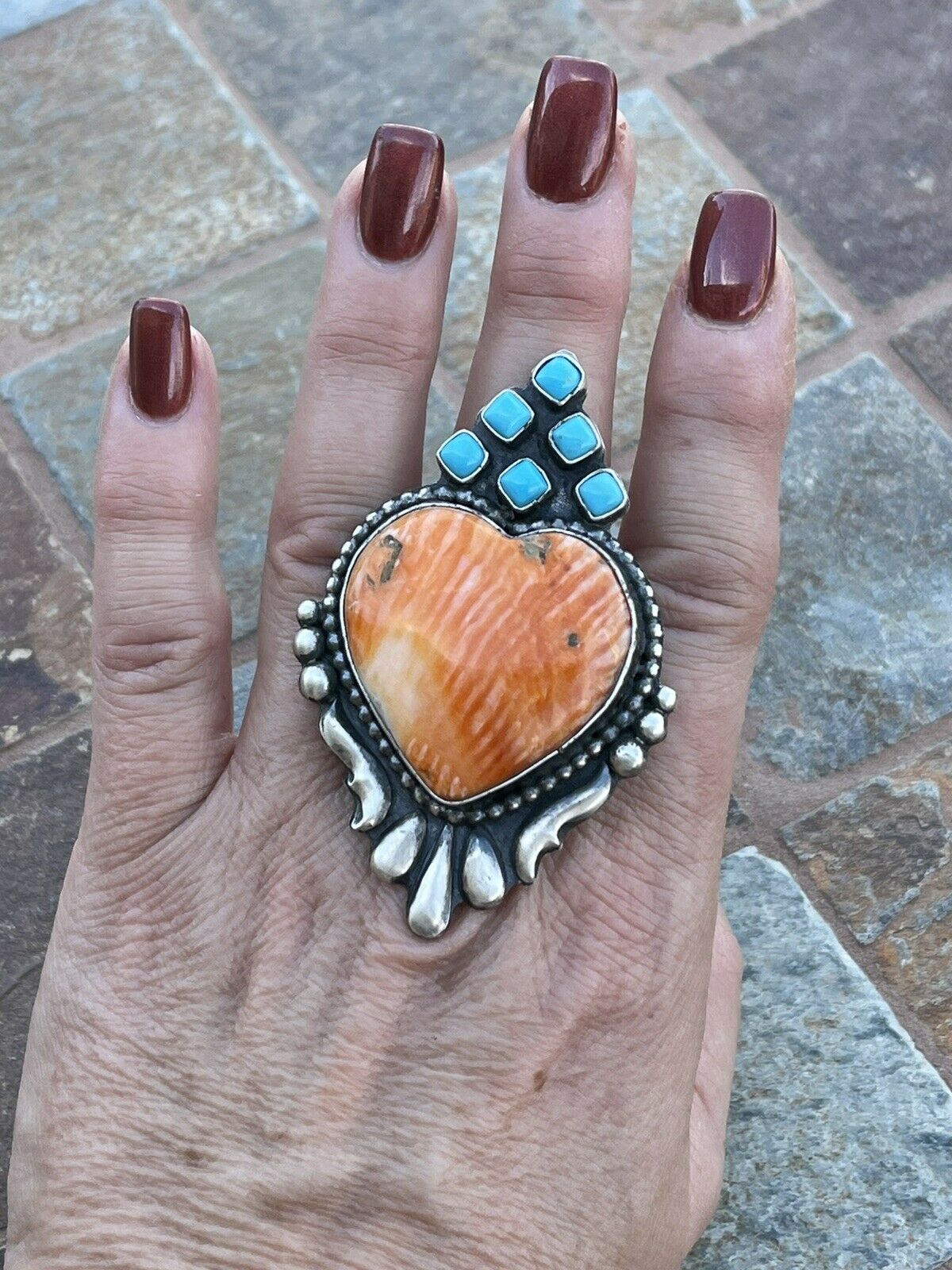 Handcrafted Sterling Silver Orange Spiny Heart & Turquoise Ring Sz 8