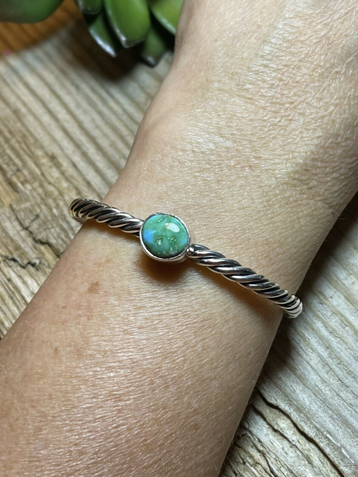 Handcrafted Sterling Silver Rope Twist Natural Turquoise Cuff Bracelet