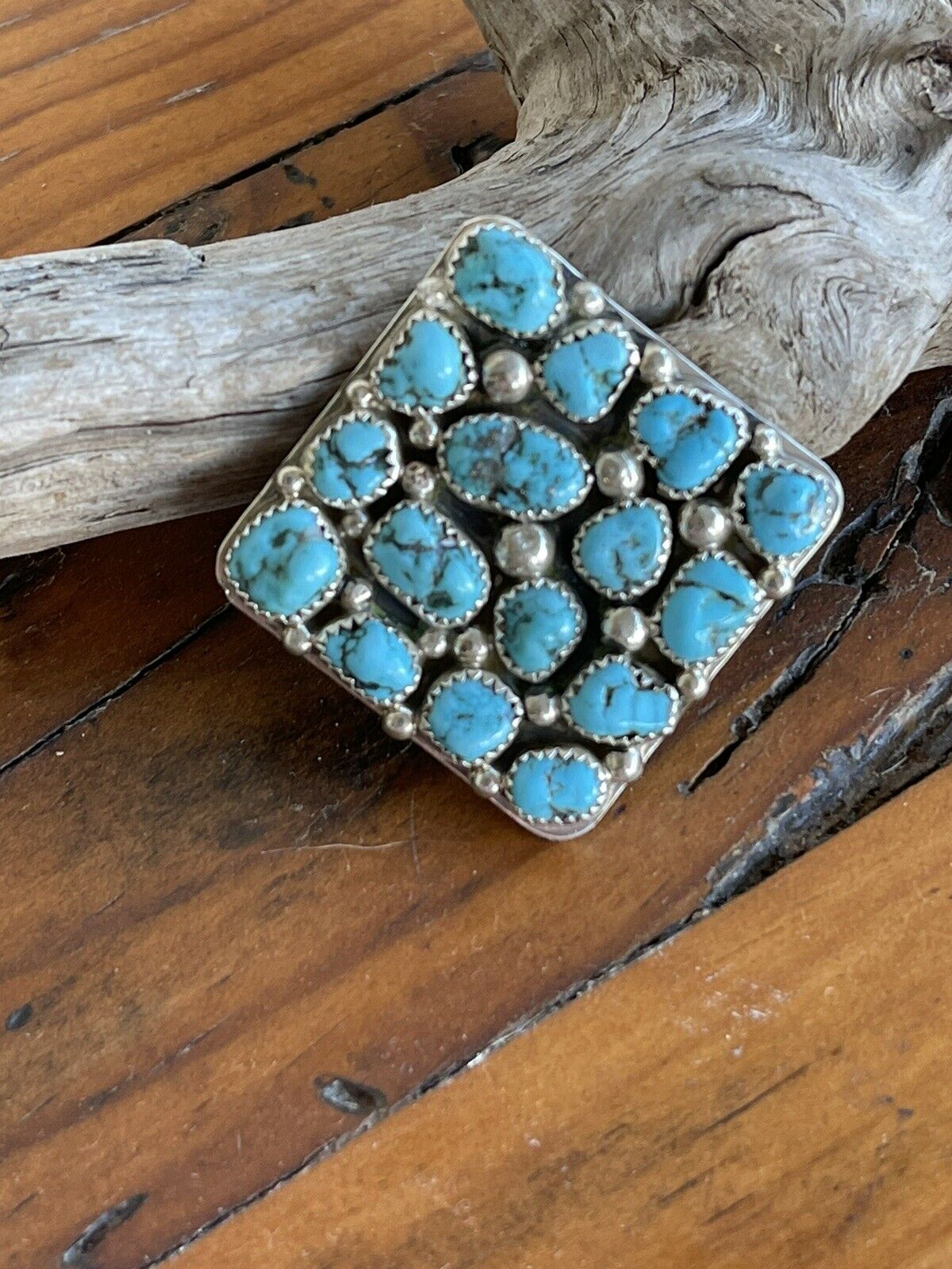 Handcrafted Sterling Silver Square Platform Kingman Turquoise Wide Band Ring Sz 9