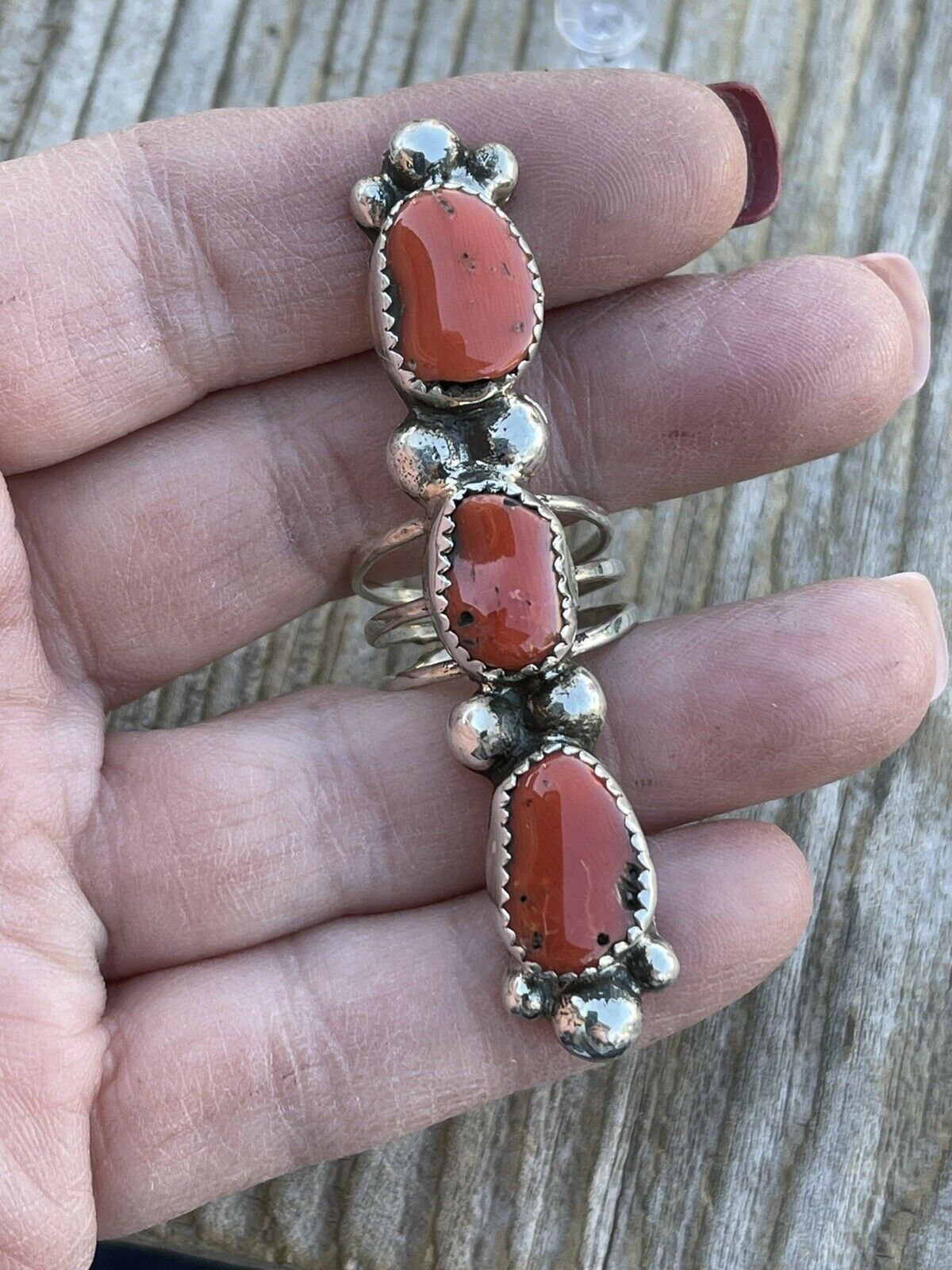 Handcrafted Sterling Silver Natural Coral Three Stone RIng Sz 5.5