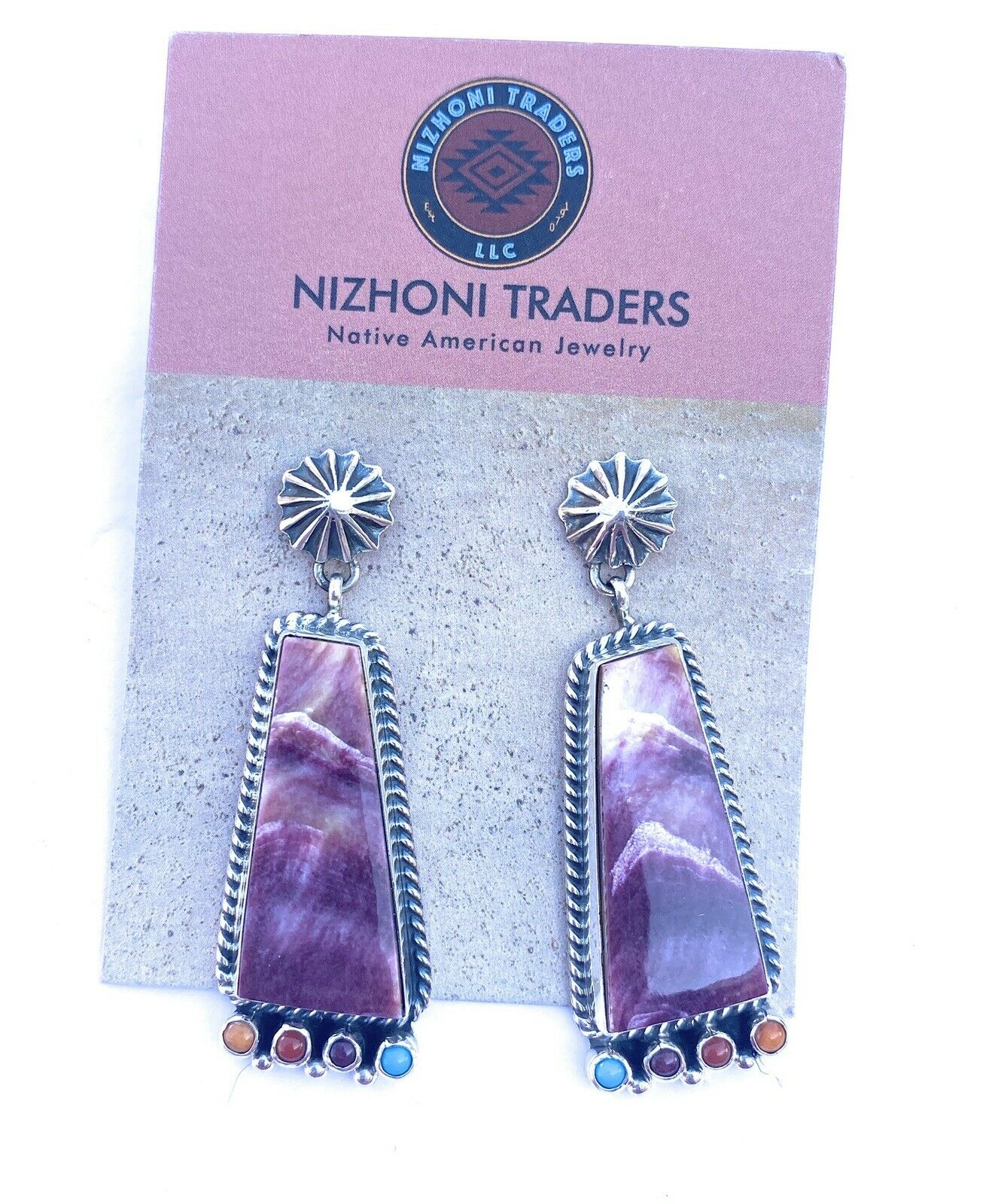 Handcrafted Sterling Silver, Purple Spiny & Turquoise Dangle Earrings Signed