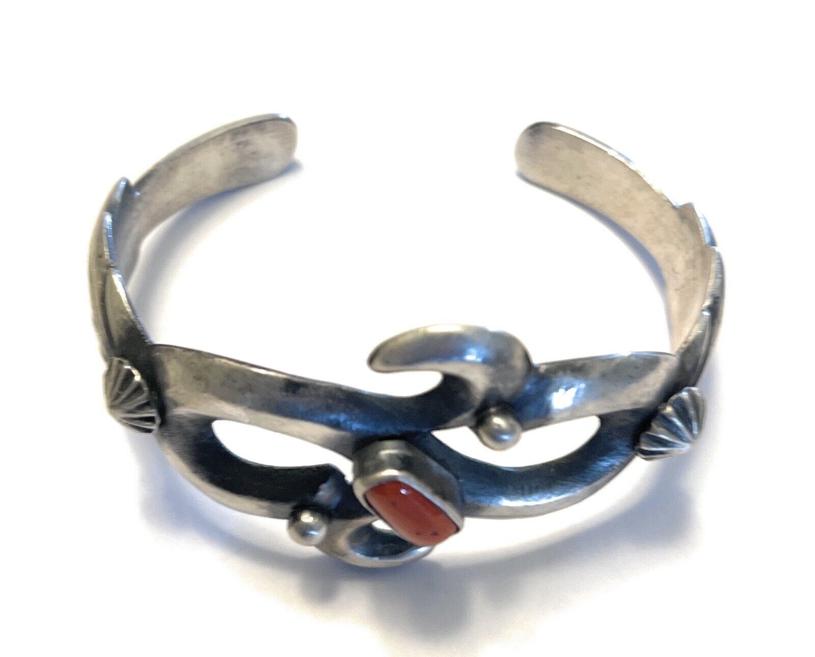 Natural Red Coral Sterling Silver Cuff By Artist Chimney Butte /