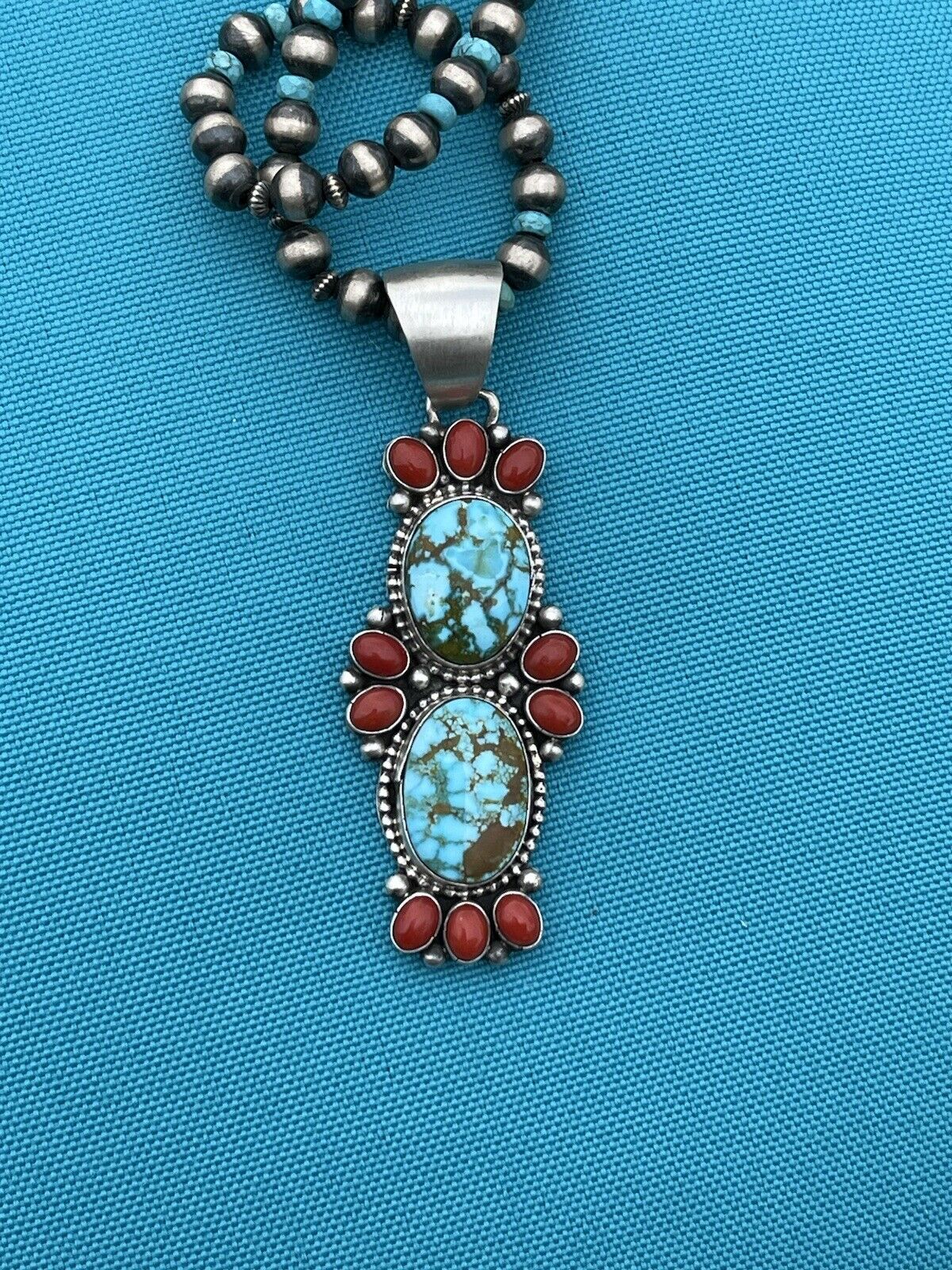 Handcrafted Sterling Kingman Web Turquoise & Red Coral Taos Pendant Bea Tom