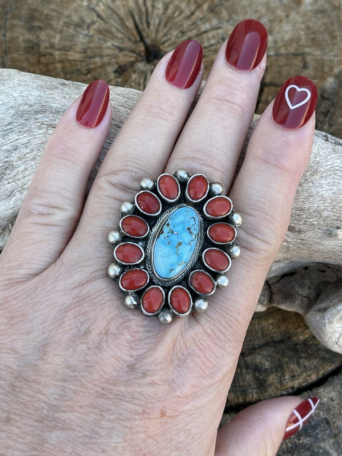 Handcrafted Sterling Silver Kingman Web Turquoise & Red Coral Taos Ring Sz 7.5