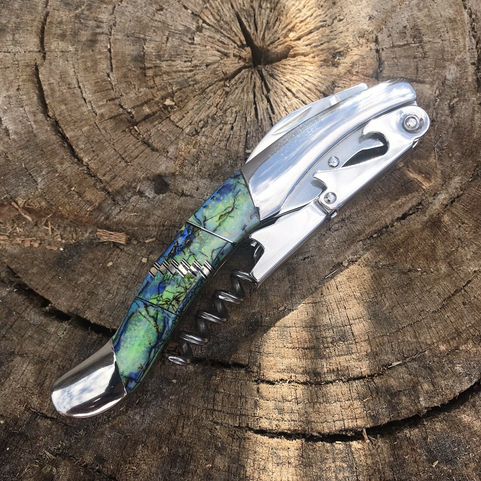 Fire Opal Inlay Stainless Steel Southwestern Style Multi Tool Wine Opener