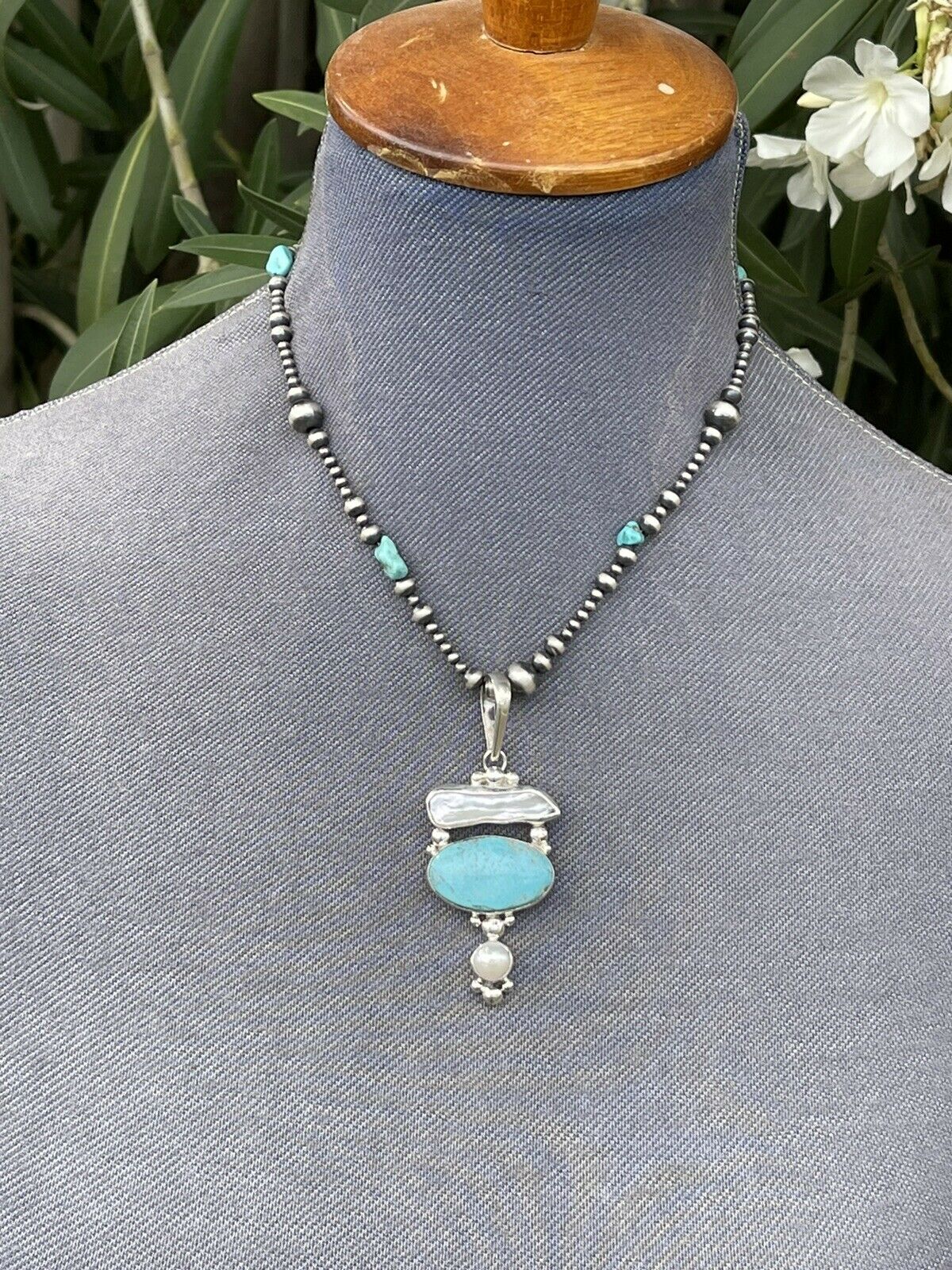 Handcrafted Turquoise & Mother Of Pearl Sterling Silver Pendant