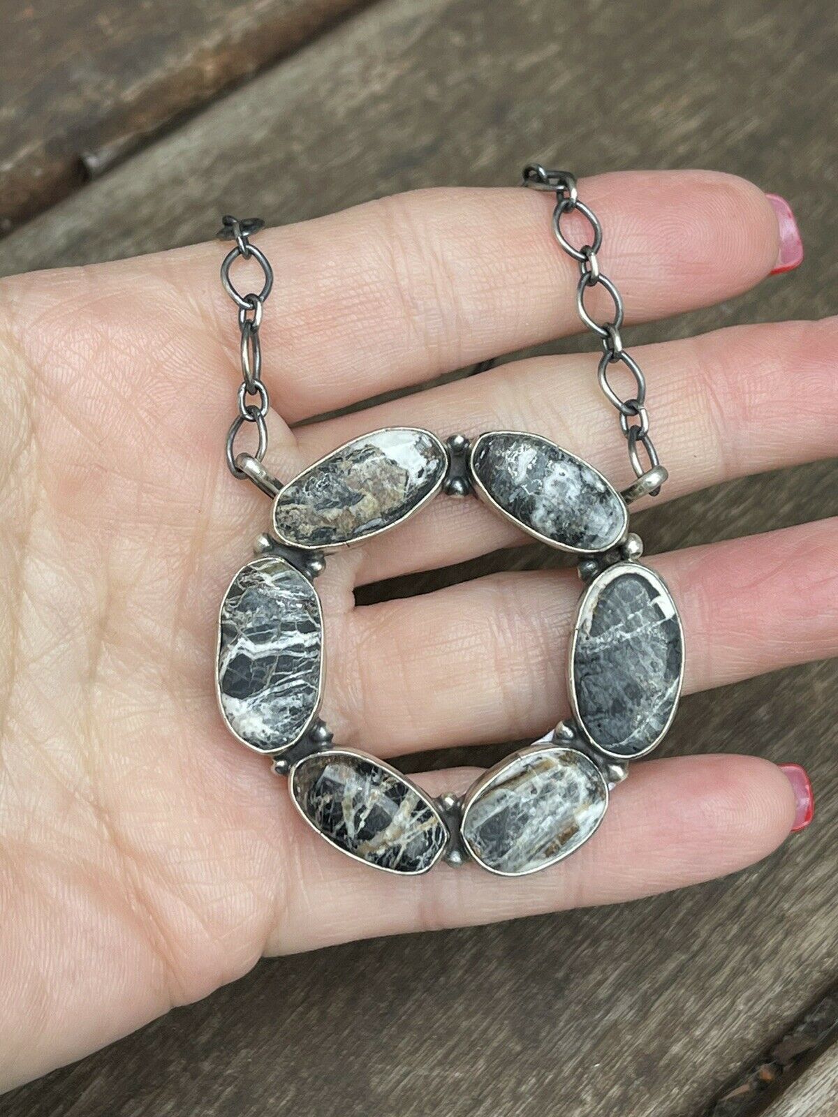 Handcrafted White Buffalo & Sterling Silver Circle Cluster Necklace Signed